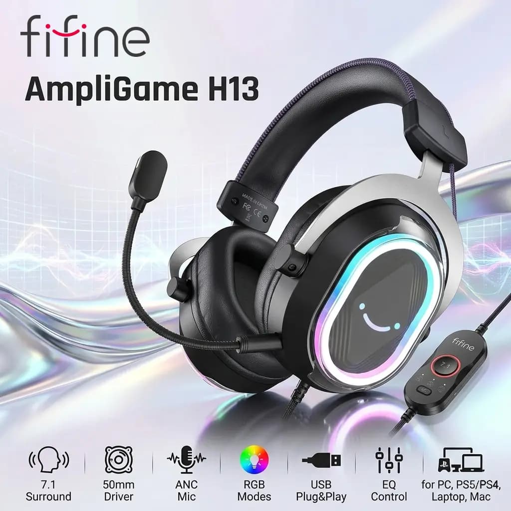 FIFINE AmpliGame H13 USB Gaming Headset RGB 7.1 Surround Sound 50mm Drivers Active Noise Cancelling Mic 48KHz EQ Control Inline... (AK-00126-H90H)