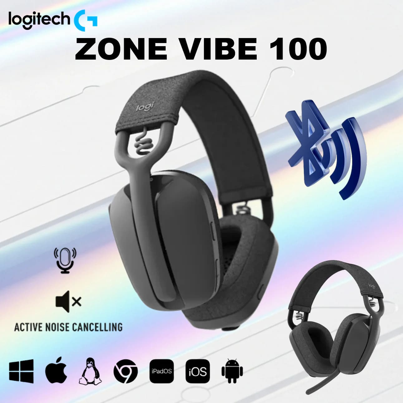 Logitech Zone Vibe 100 Lightweight Wireless Over-Ear Headphones With Noise Canceling Microphone, 40mm Drivers