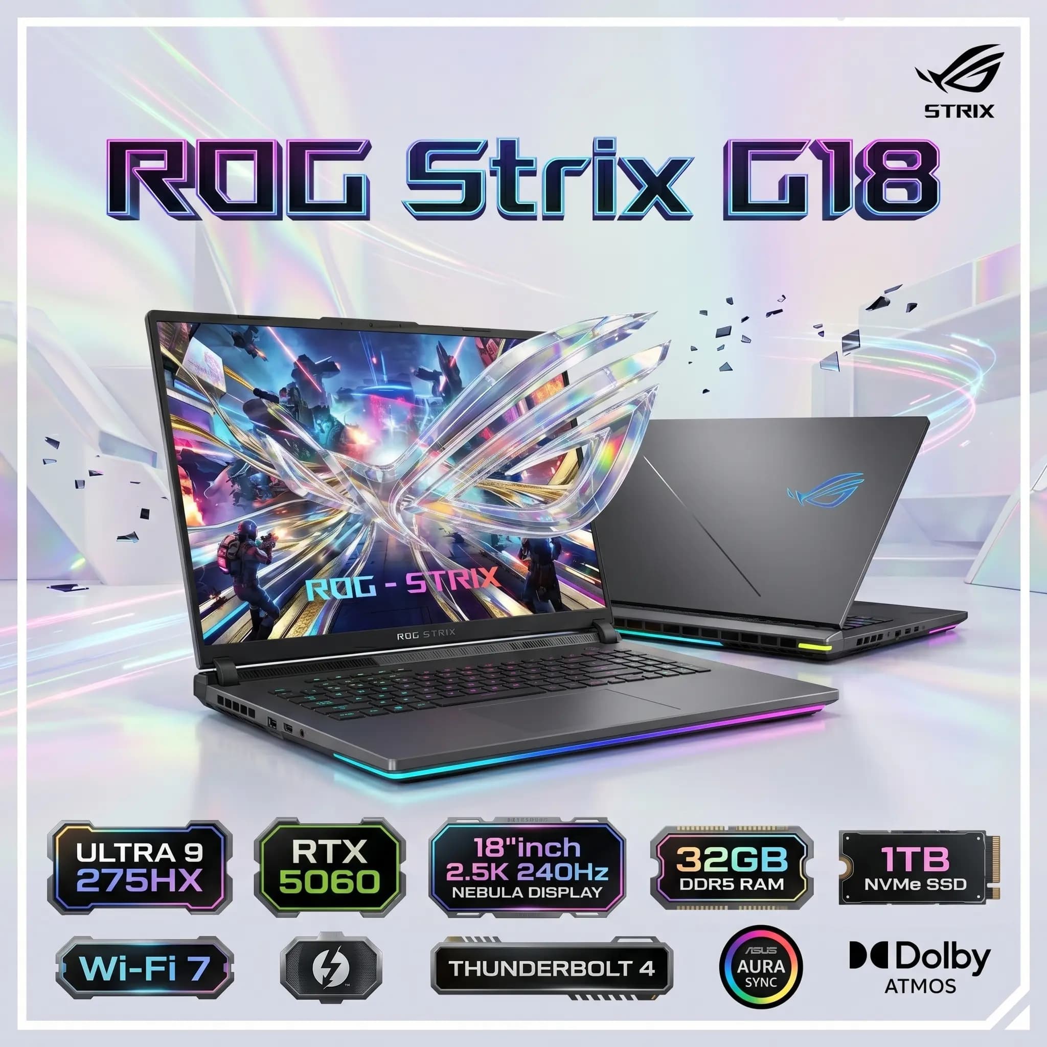 ASUS ROG Strix G18 : Intel Core Ultra 9 275HX | 32GB DDR5 RAM ; 1TB NVMe SSD | RTX 5060 (8GB) | 18-inch 2.5K 240Hz Nebula Display
