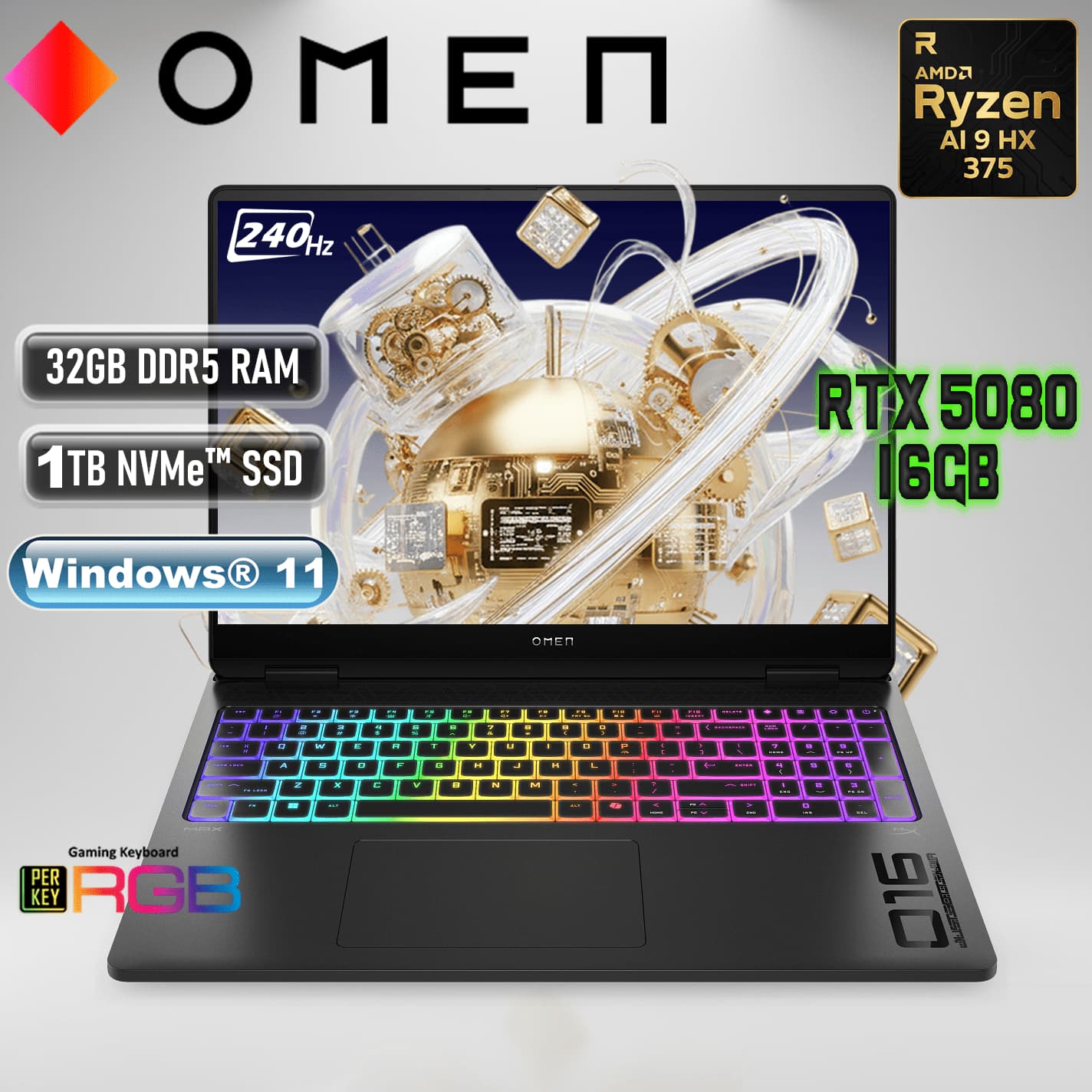 HP OMEN MAX 16 AMD Ryzen AI 9 HX 375 | 32GB DDR5 RAM, 1TB NVMe SSD | RTX 5080 (16GB) | 16 inch WQXGA 240Hz 3ms IPS Display