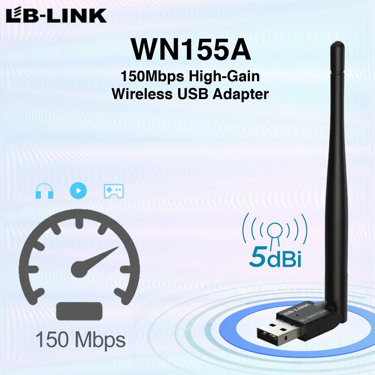 LB-LINK WN155A 150Mbps High-Gain Wireless USB Adapter | Realtek 8188 Chipset | 5dBi Antenna | Wi-Fi 4 802.11n | Secure WPA2