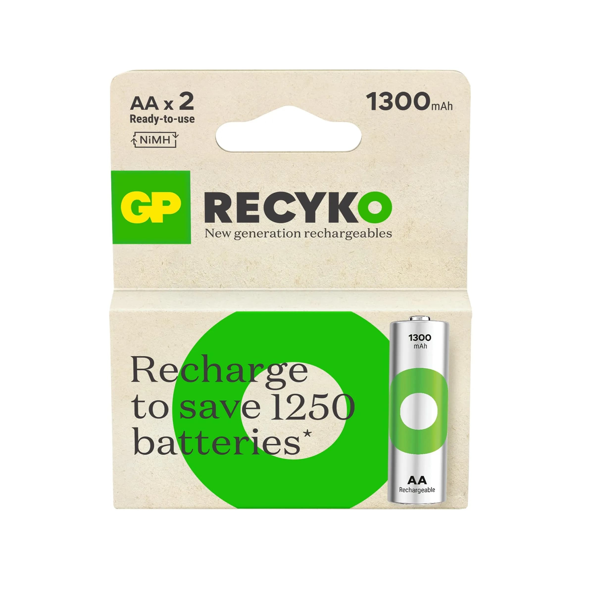 GP ReCyko AA Rechargeable Batteries 1300mAh NiMH 1.2V Pre-Charged, Up to 500 Recharge Cycles, Low Self-Discharge