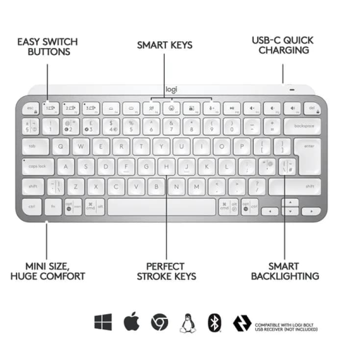 Logitech MX Keys Mini Minimalist Wireless Illuminated Keyboard, Compact, Bluetooth, USB-C, for Apple macOS, iOS, Windows,...