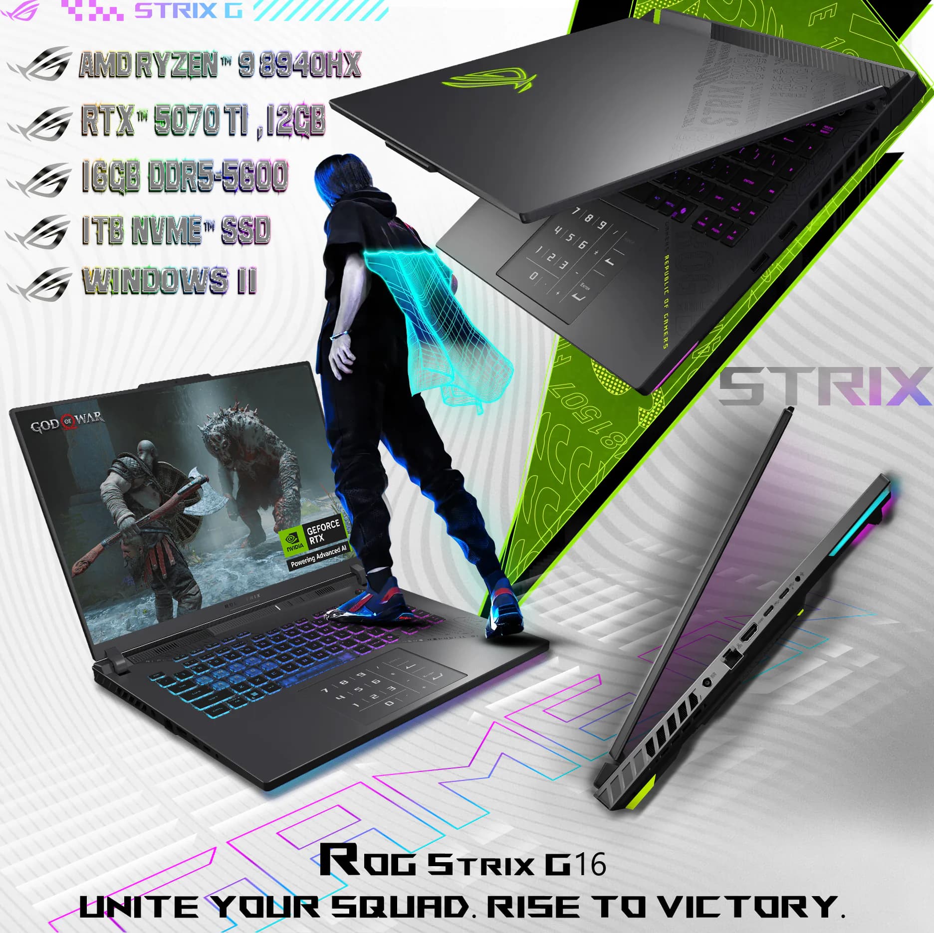 ASUS ROG Strix G16 AMD Ryzen 9 8940HX | 16GB DDR5 RAM; 1TB NVMe SSD | RTX 5070 Ti 12GB GDDR7 | 16 inch WUXGA 165Hz IPS Display