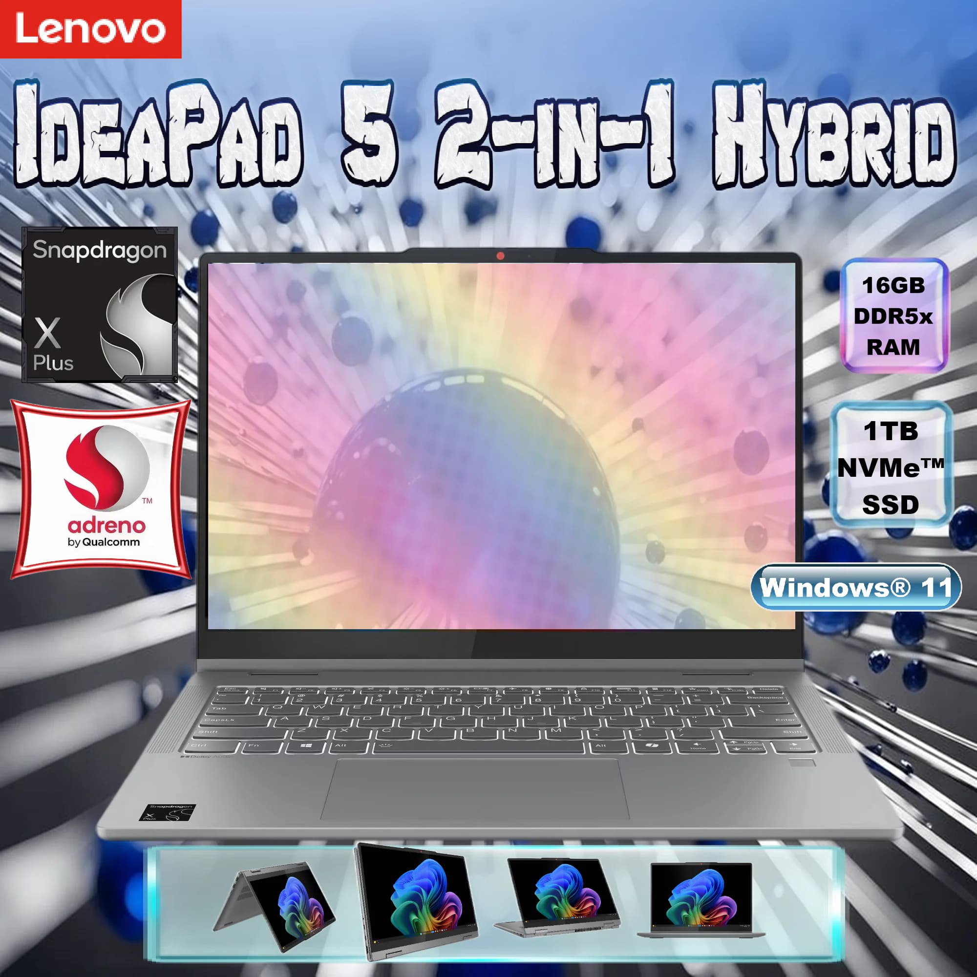 LENOVO IdeaPad 5 2-in-1 14Q8X9 Snapdragon X Plus | 16GB DDR5x RAM; 1TB SSD NVMe | 14″ WUXGA OLED Touchscreen