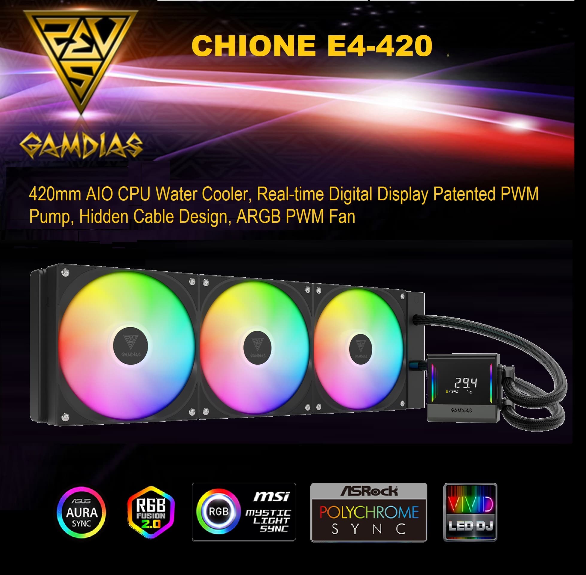 GAMDIAS CHIONE E4 420mm AIO ARGB BLACK CPU Water Cooler, Real-time Digital Display Patented PWM Pump, Hidden Cable Design, ARGB...