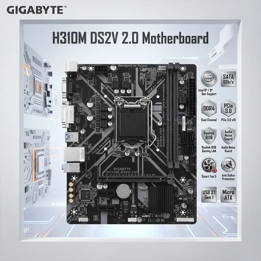GIGABYTE H310M DS2V 2.0 Micro ATX Motherboard Intel H310 LGA1151, 2x DIMM DDR4, Realtek 8118 Gaming LAN, SATA 6Gb/s