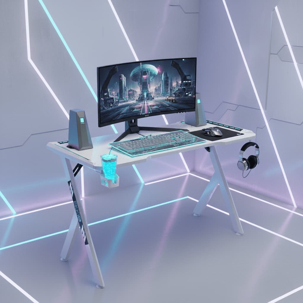 Gaming Desk With Y-Shaped Legs, RGB Lighting With 9 Modes, Carbon Fiber Texture Surface, 120Γ60 cm Space, Headphone & Cup... (AK-26579)