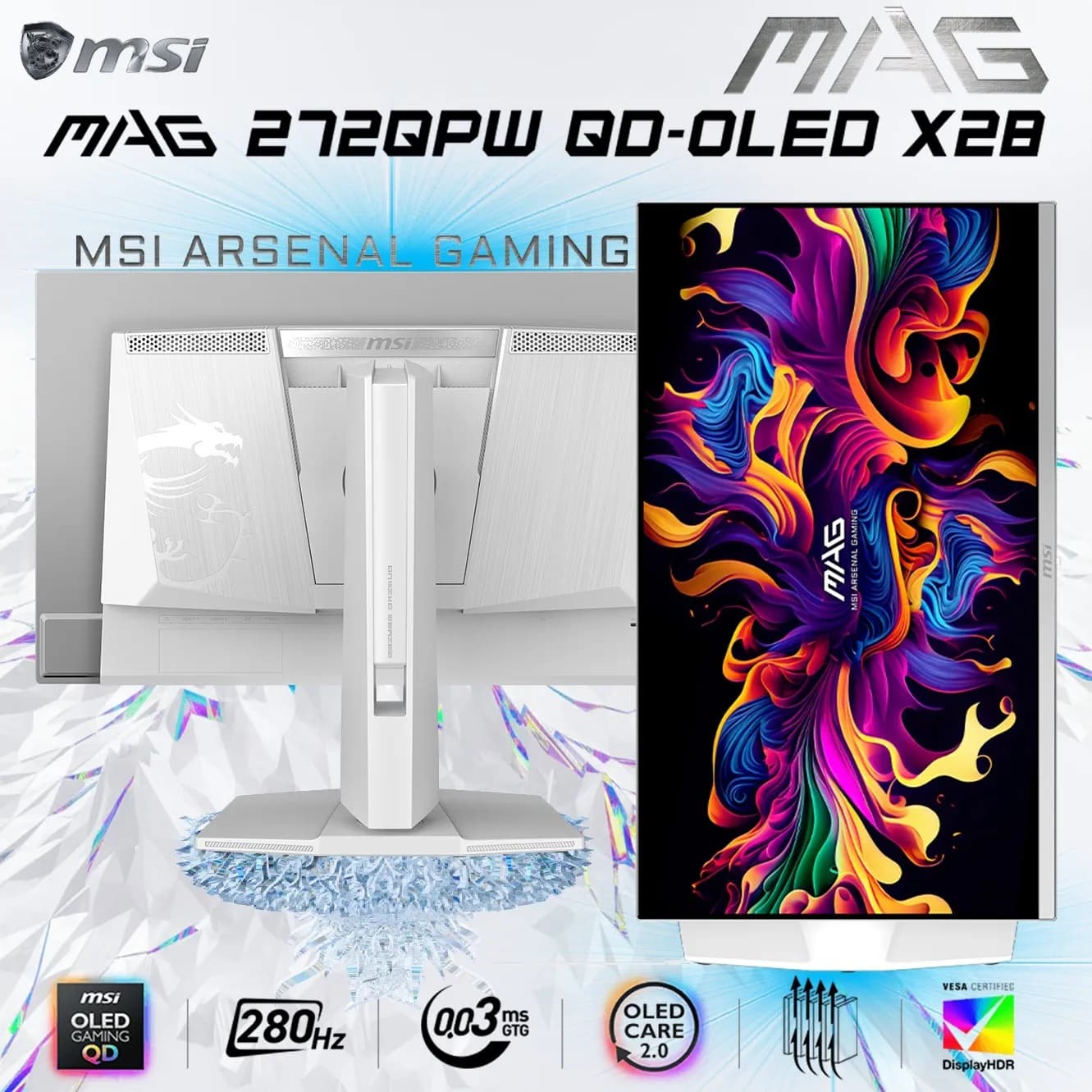 MSI MAG 272QPW QD-OLED X28 27-inch WQHD 280Hz 0.03ms White Gaming Monitor, QD Premium Color Delta E≤2, HDR True Black 400