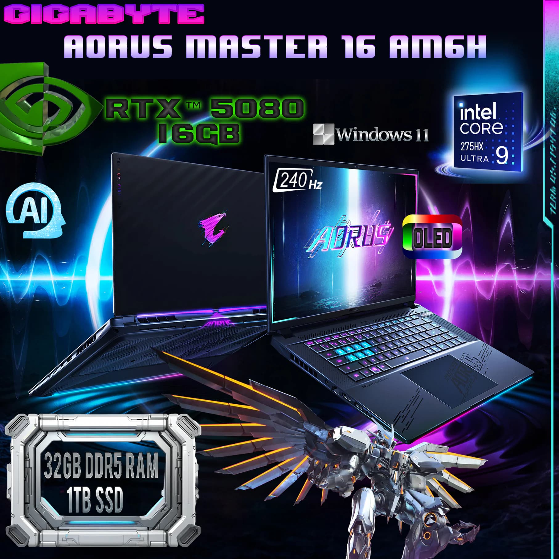 GIGABYTE AORUS MASTER 16 AM6H Intel Core Ultra 9 275HX | 32GB DDR5 RAM; 1TB SSD | RTX 5080, 16GB