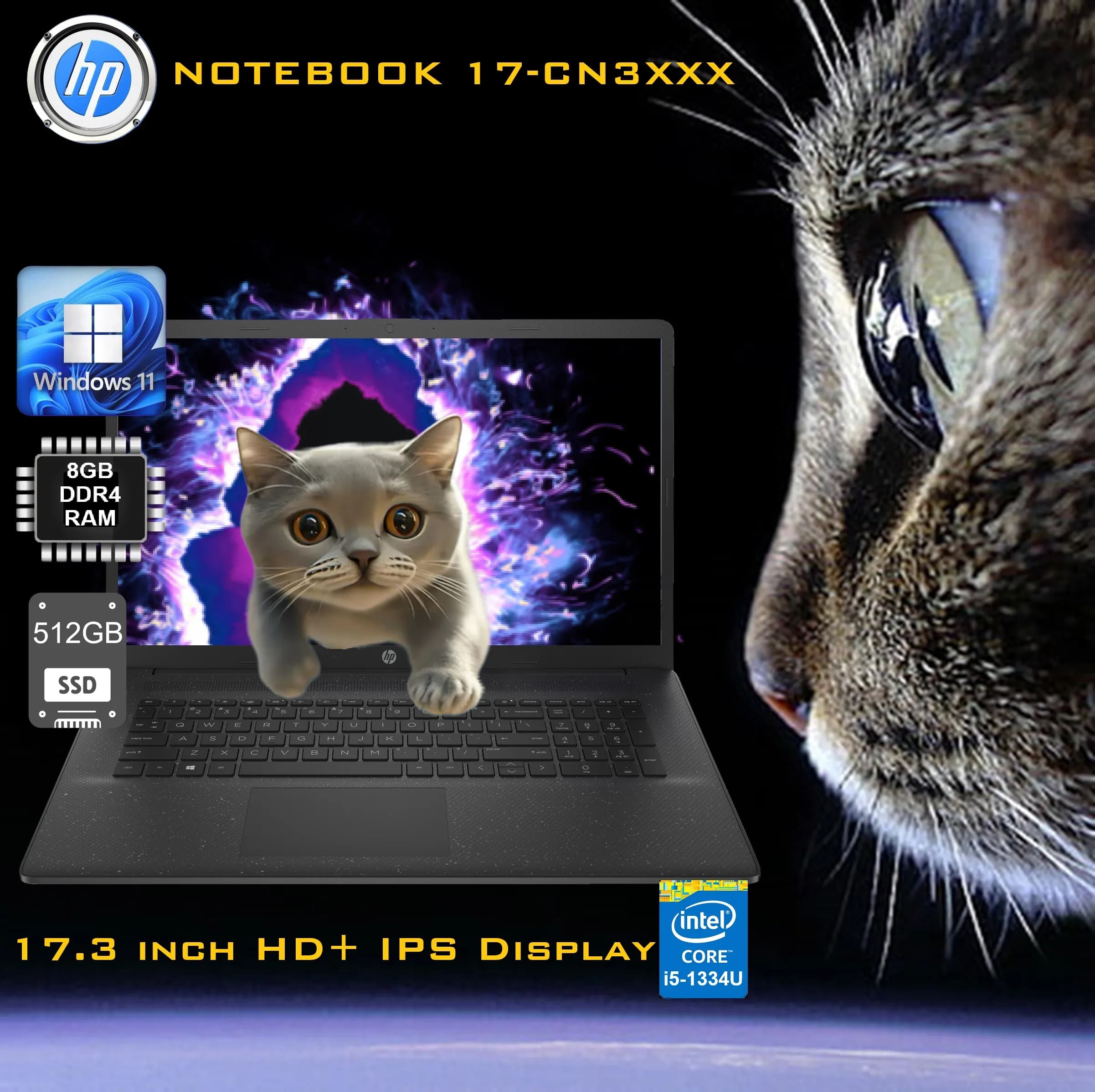 HP NOTEBOOK 17-CN3XXX Intel Core i5-1334U | 8GB DDR4 RAM : 512GB SSD NVMe | 17.3 inch HD+ IPS Display | Windows 11 | Black