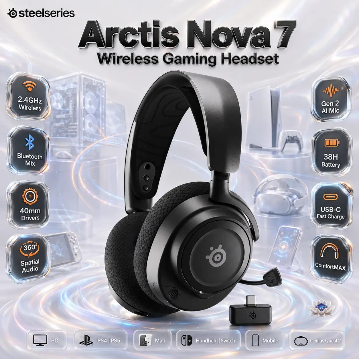 SteelSeries Arctis Nova 7 Wireless Black Gaming Headset, 2.4GHz, Mixable Bluetooth, 40mm Neodymium Drivers, 360° Spatial Audio, ClearCast Gen 2 AI Mic, 38H Battery | BLACK ~ OPEN BOX