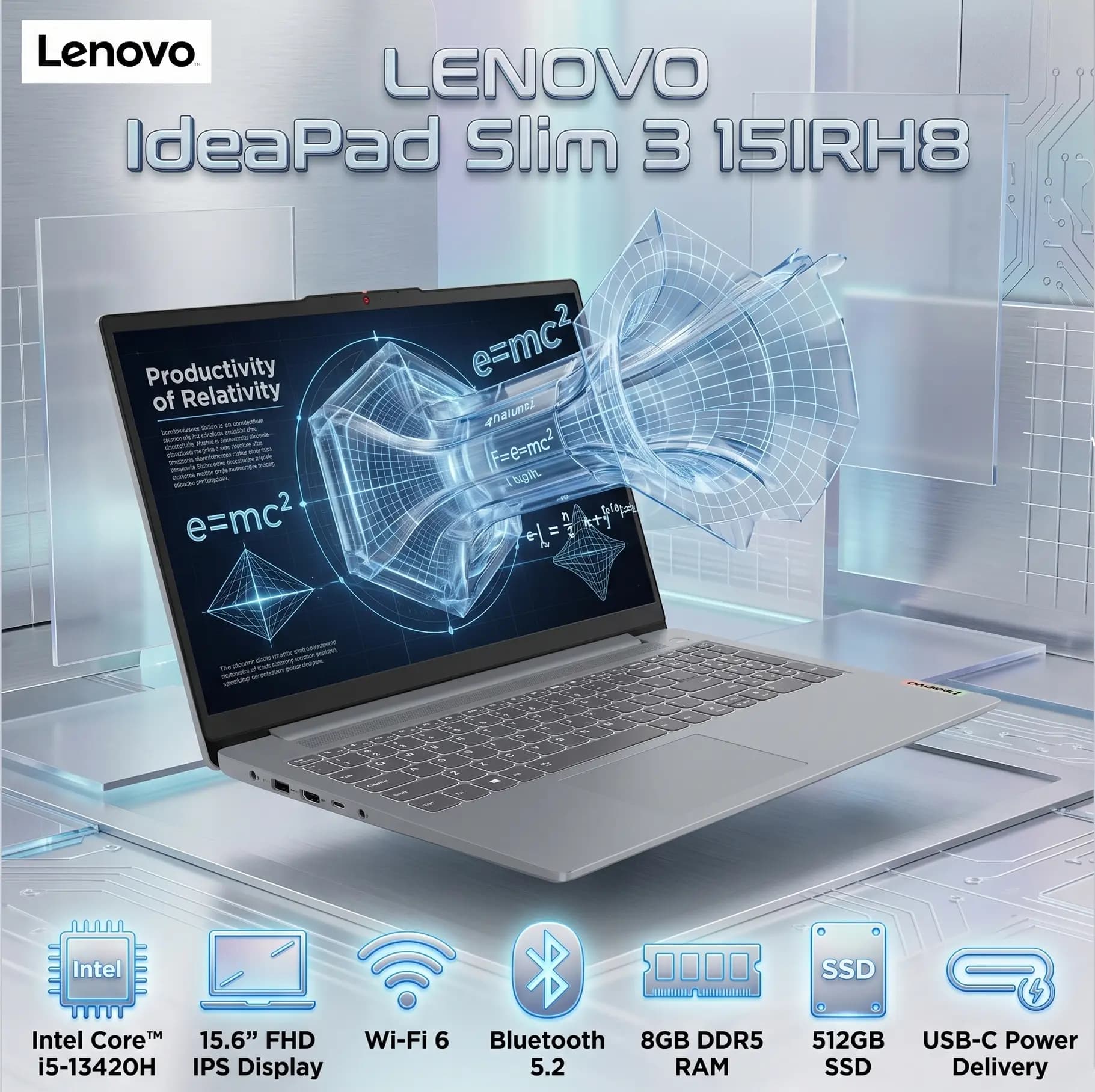Lenovo IdeaPad Slim 3 15IRH8 Intel Core i5-13420H | 8GB DDR5 RAM, 512GB SSD | 15.6″ FHD IPS Display | Intel UHD Graphics