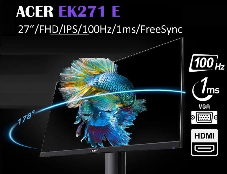 EK271Ebmix Acer Gaming Monitor 27 Inch FHD 100Hz 1ms IPS , (VRB) 250nits Speaker / Headphone HDMI AMD FreeSync Black