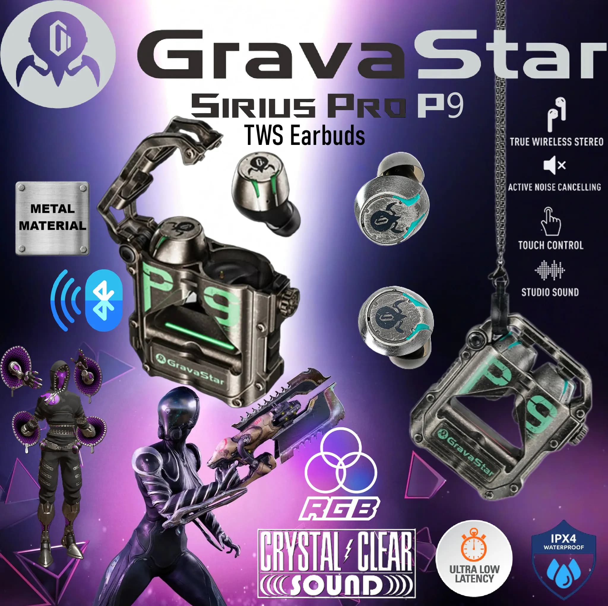 GravaStar Sirius Pro P9 True Wireless Earbuds, Bluetooth 5.2, ENC Noise Cancelling, 65ms Low Latency, RGB Lights, IPX5