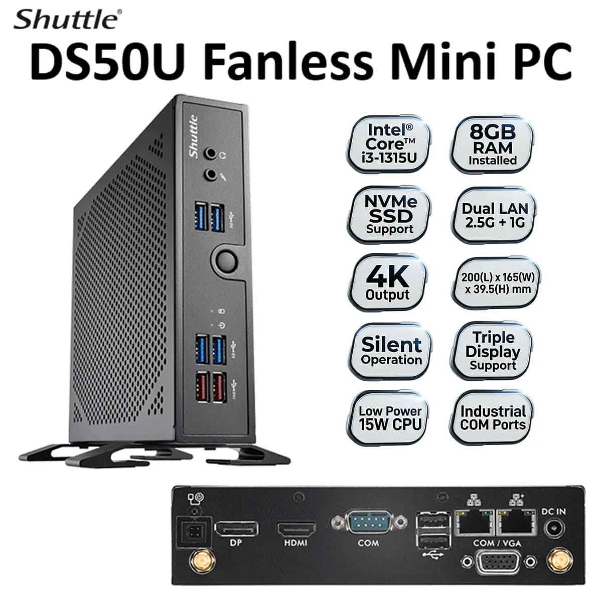Shuttle DS50U Fanless Mini PC | Intel Core I3-1315U | 8GB DDR4 | No Storage | 1L Silent Industrial Barebone | Triple Display