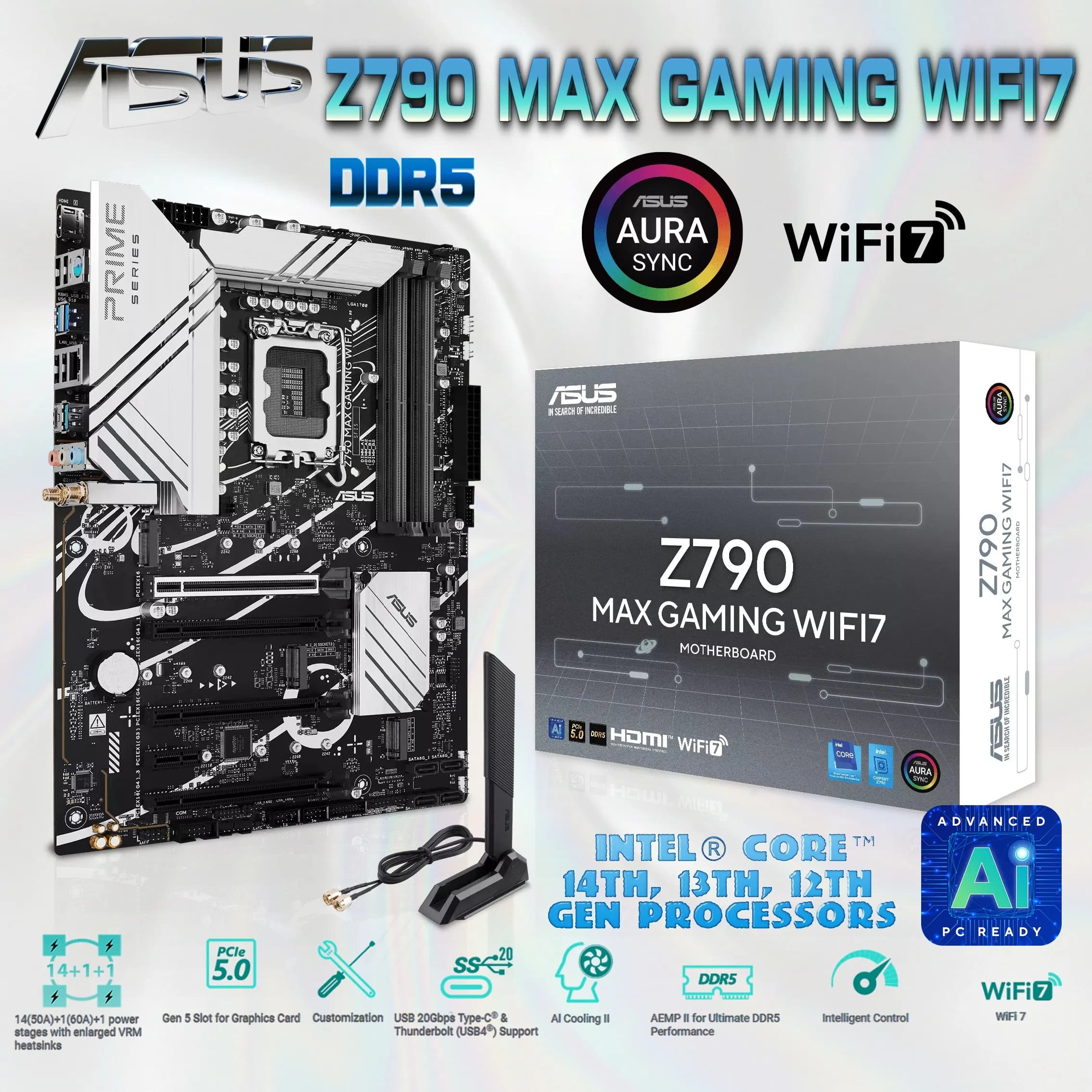 ASUS Z790 MAX GAMING WIFI7 ATX Motherboard, LGA1700, 4 x DIMM DDR5 7200MHz OC, PCIe 5.0 x16, 3ร M.2 Gen4, WiFi 7, USB 20Gbps