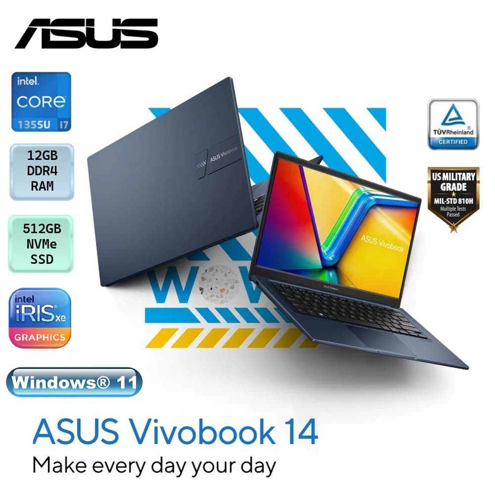 ASUS Vivobook 14 X1404 Intel Core i7-1355U | 12GB DDR4 RAM; 512GB NVMe SSD | Intel Iris Xᵉ Graphics | 14-inch FHD IPS Display