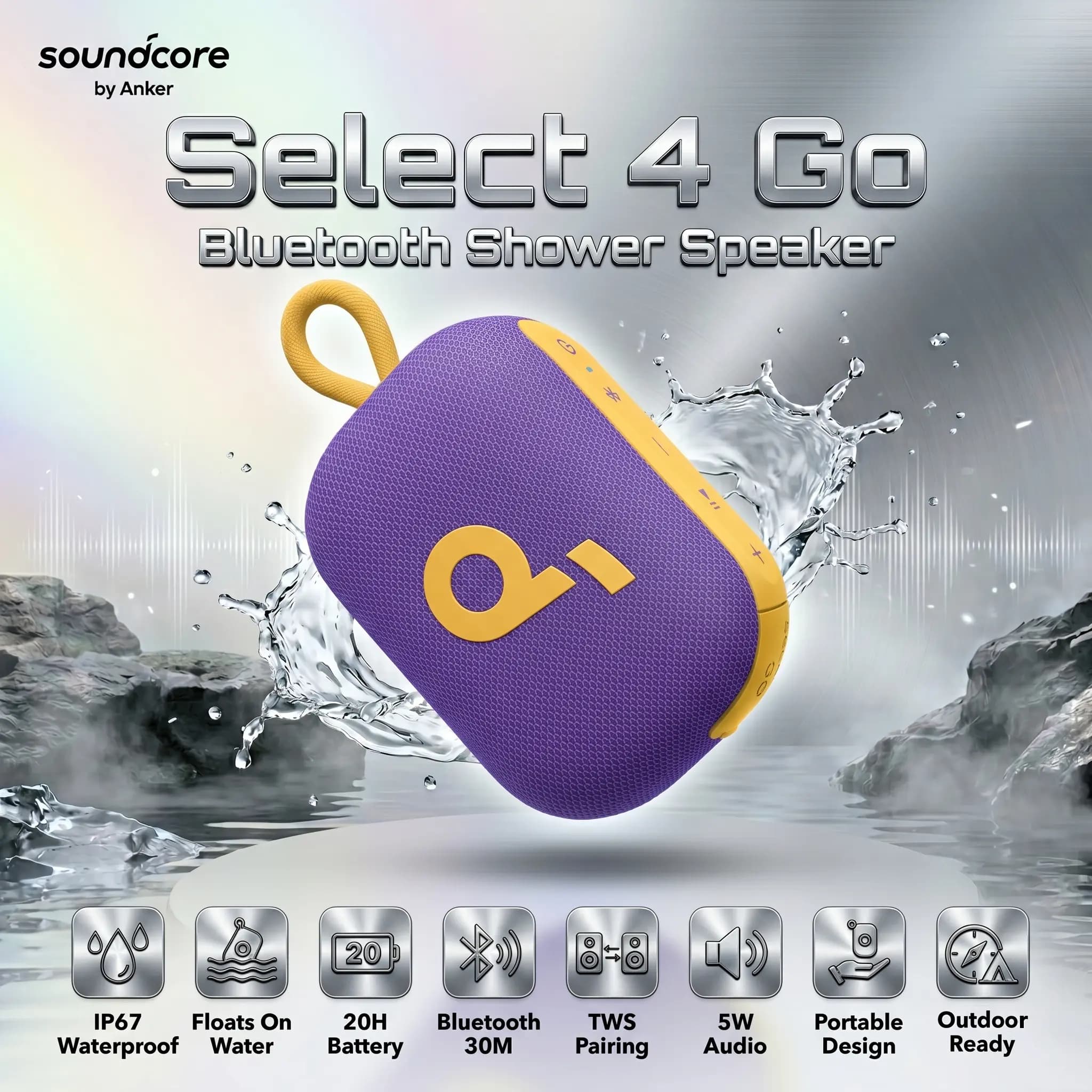 Soundcore Select 4 Go Portable Bluetooth Speaker With IP67 Waterproof Floating Design, 20H Battery, 5W Punchy Audio