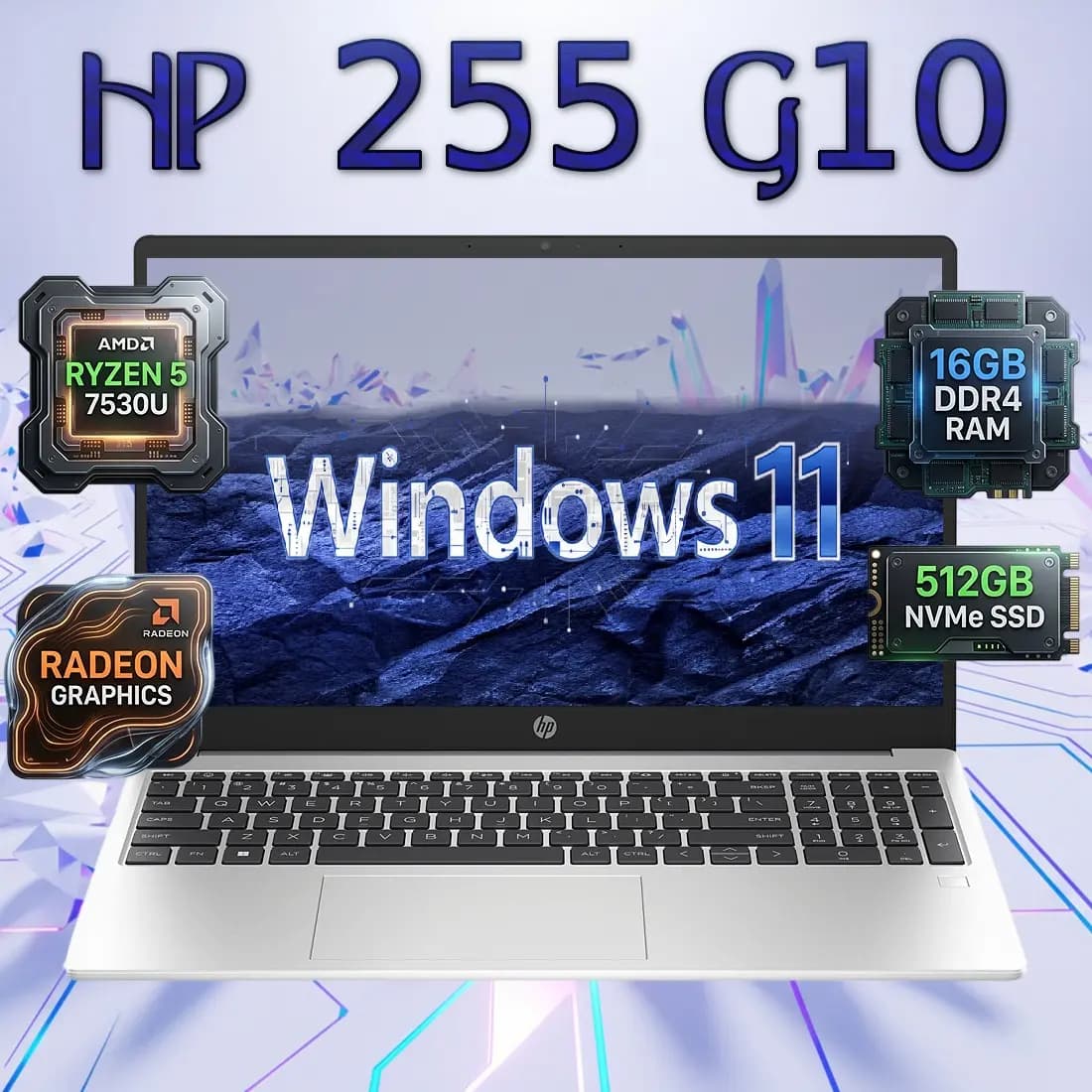 HP 255 G10: Ryzen 5 7530U | 16GB DDR4 RAM; 512GB NVMe SSD | Radeon Graphics | 15.6-inch FHD Display | Windows 11 | Turbo silver