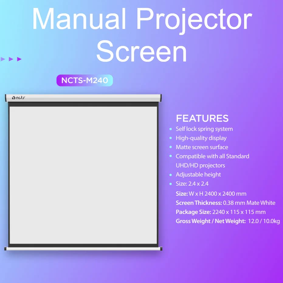 NCTS-M240 Manual Projector Screen 240x240cm With Self-Lock System, Matte White Surface, UHD/HD Compatible, Adjustable Height,...