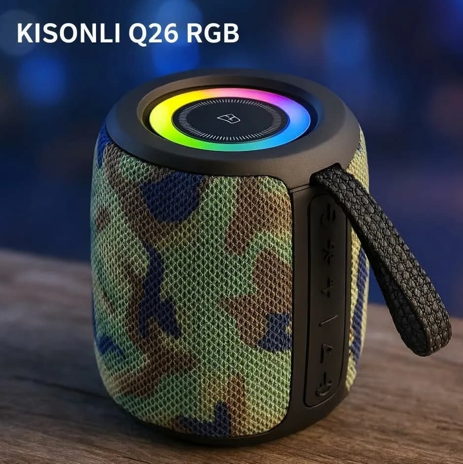 KISONLI Q26 RGB Music Speaker Camouflage | 10W Portable Bluetooth Speaker | 1200mAh Battery | RGB Lighting | Memory Card Support