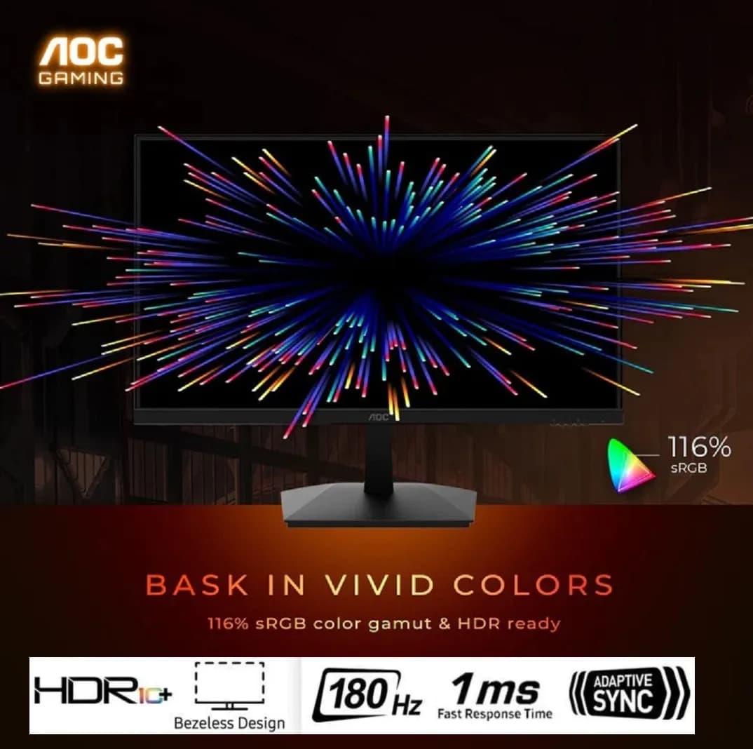 AOC 27G15N 27″ Gaming Monitor, Full HD 1920×1080, 180Hz 1ms, 1x HDMI 2.0, 1x Display Port, AMD FreeSync, HDR10