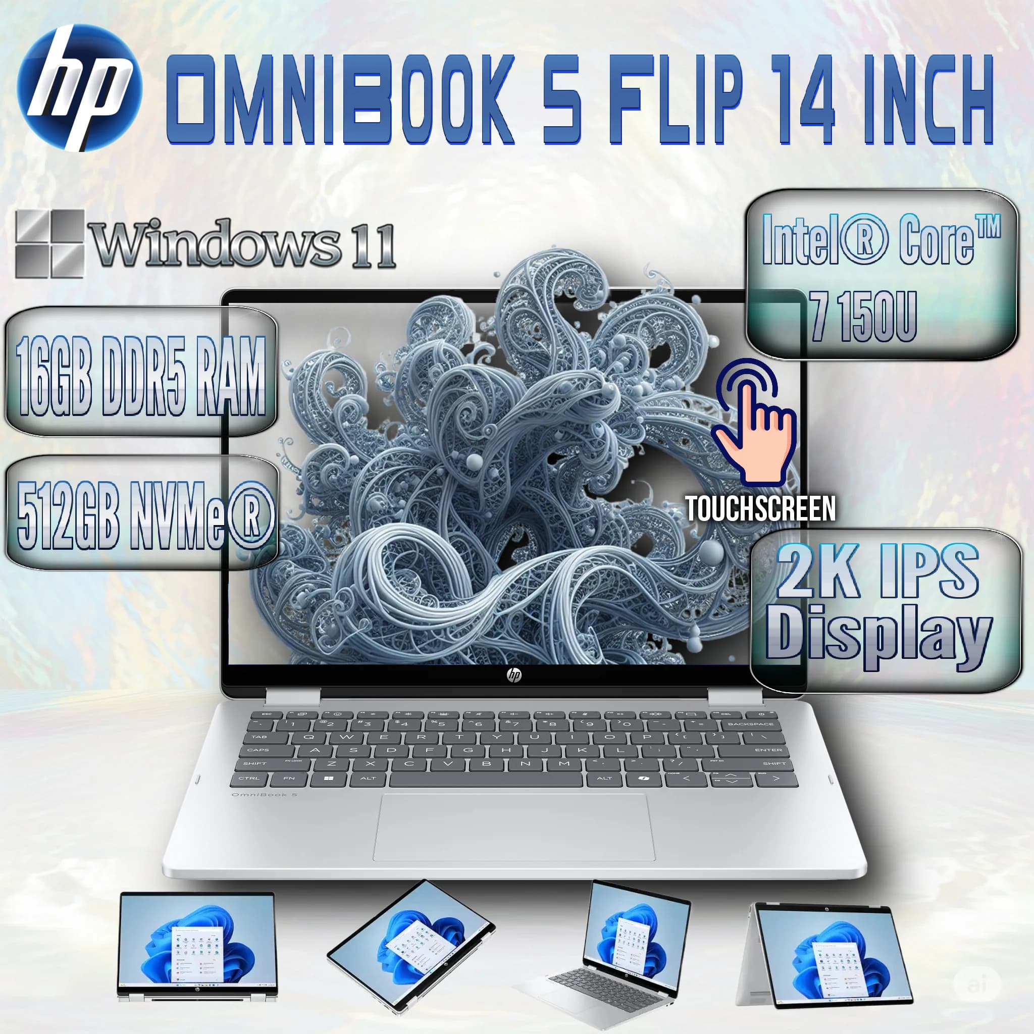 HP OmniBook 5 Flip Intel Core 7 150U | 16GB DDR5 RAM , 512GB NVMe SSD | Intel Graphics | 14-inch 2K IPS TouchScreen