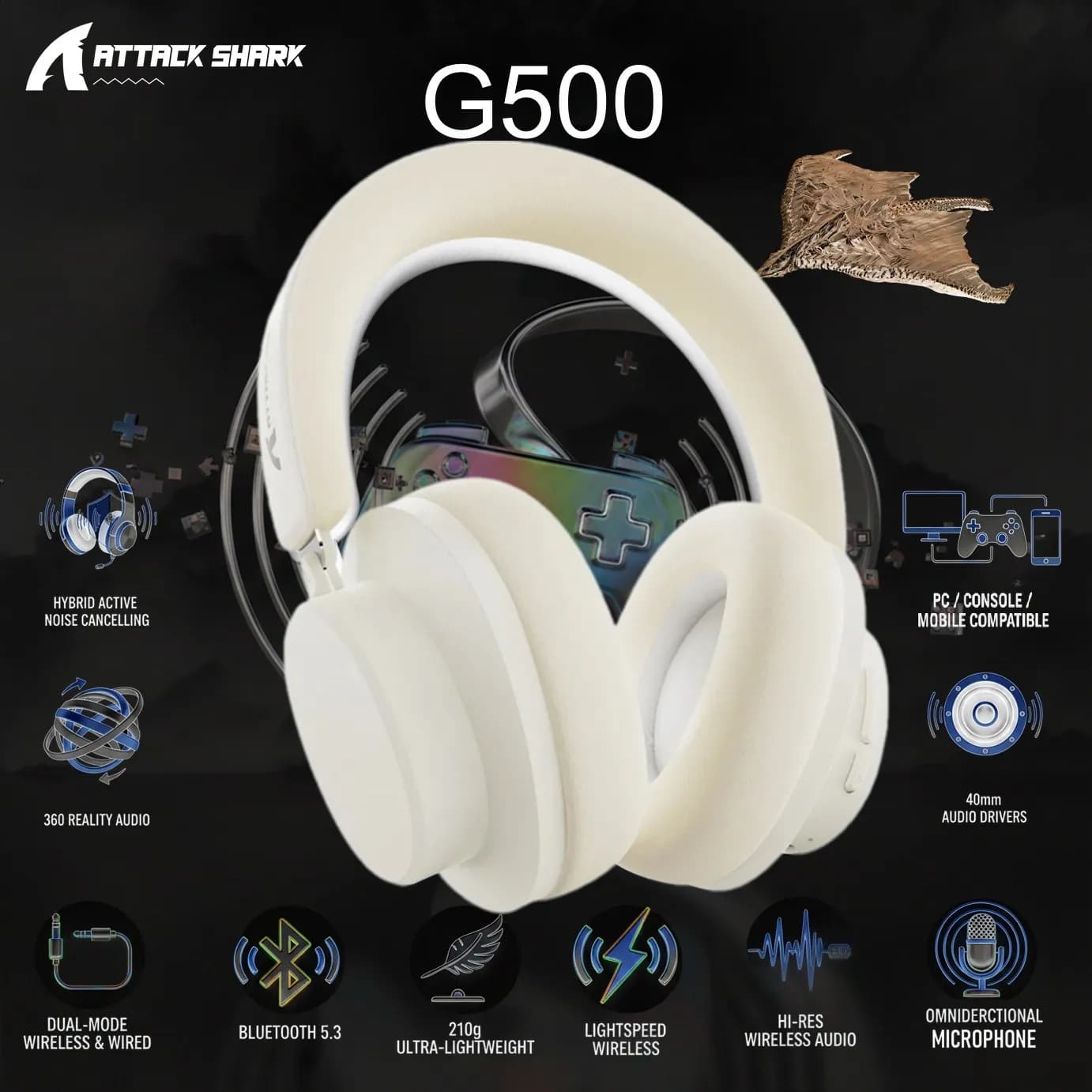 ATTACK SHARK G500 Ultra-Light Dual-Mode Gaming Headset With Bluetooth 5.3, 3.5mm Wired Connection, 210g Design