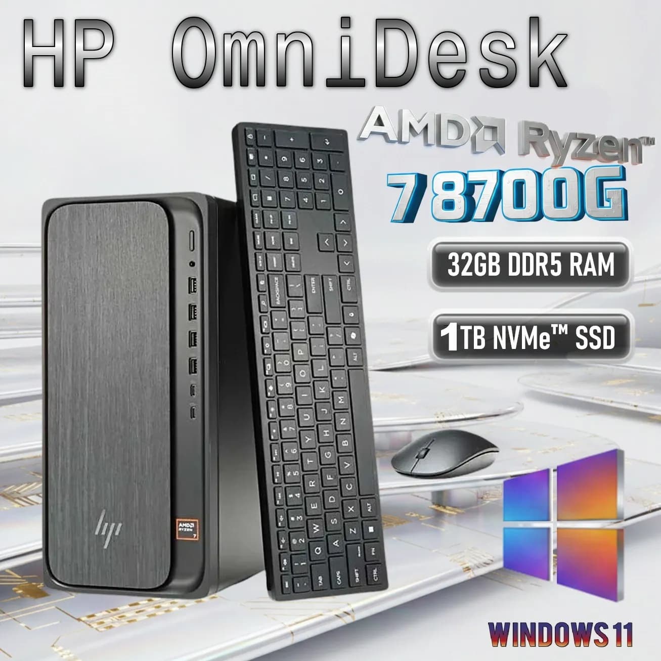HP OmniDesk Desktop: AMD Ryzen 7 8700G | 32GB DDR5 RAM; 1TB NVMe SSD | AMD Radeon Graphics | Windows 11