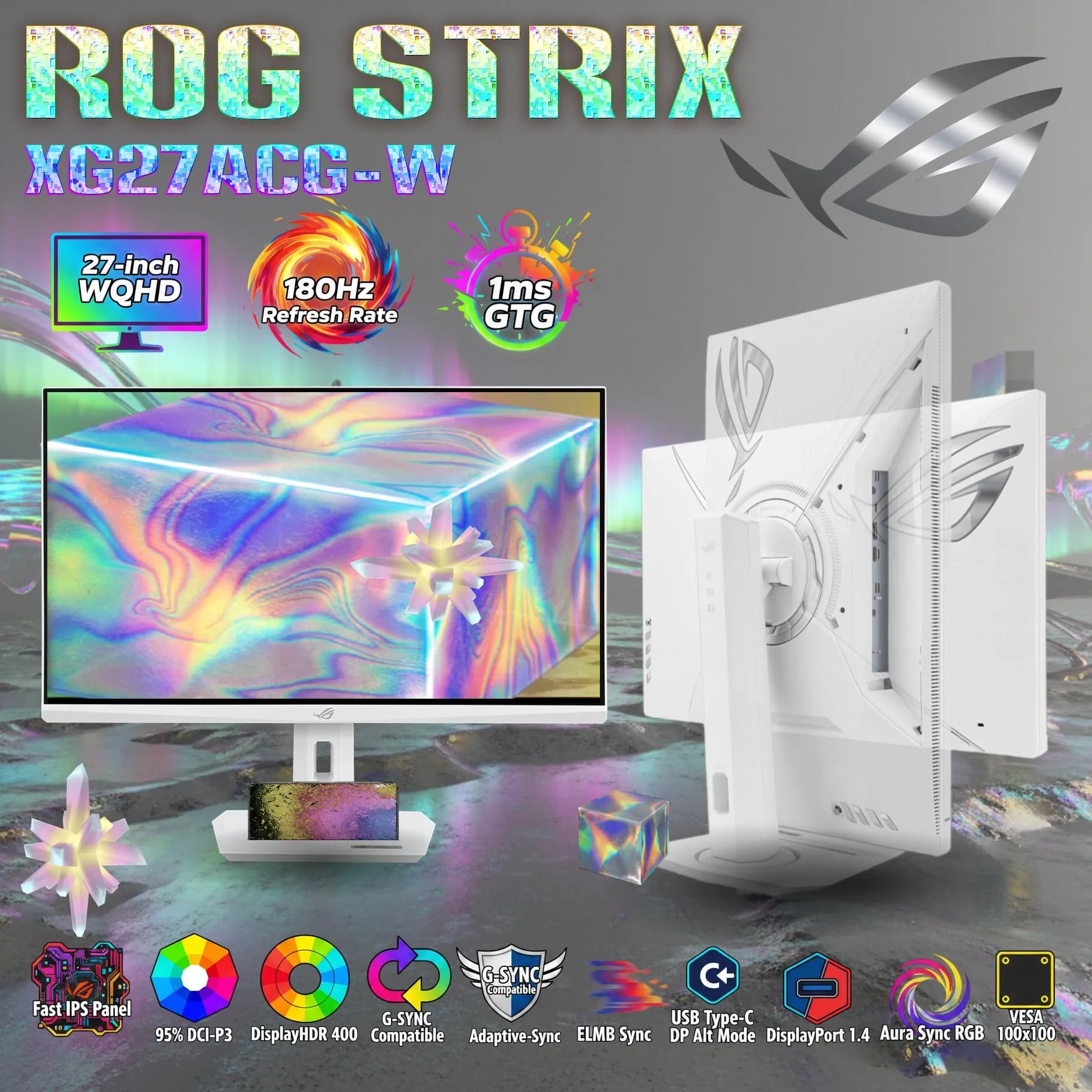 ASUS ROG Strix XG27ACG-W 27 Inch WQHD 180Hz 1ms Fast IPS Gaming Monitor, DisplayHDR 400, G-SYNC Compatible, USB Type-C DP 1.4
