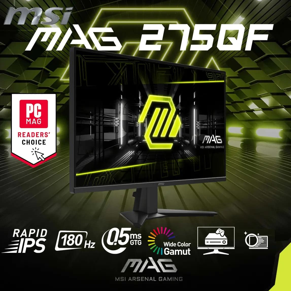MSI MAG 275QF 3CE2 27″ QHD 180Hz Flat Gaming Monitor ; 2560 x 1440 (WQHD) ; 0.5ms (GTG) ; 180Hz Refresh Rate ; Adaptive-Sync...