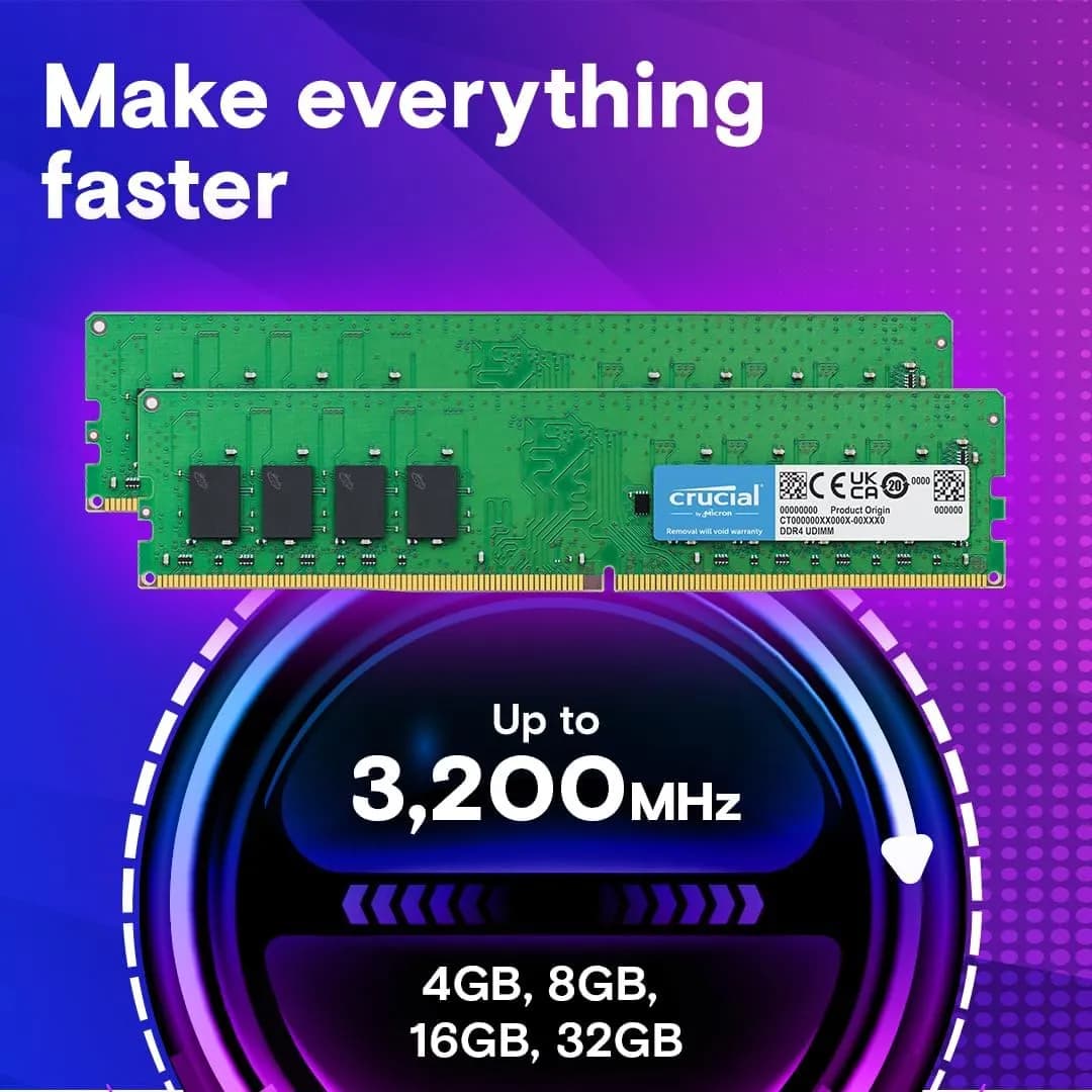 Crucial RAM 32GB Kit (2x16GB) DDR4 3200MHz CL22 1.2 Volts DIMM ; Can be Downclocked to 2933MHz or 2666MHz ; 288-Pins Desktop...