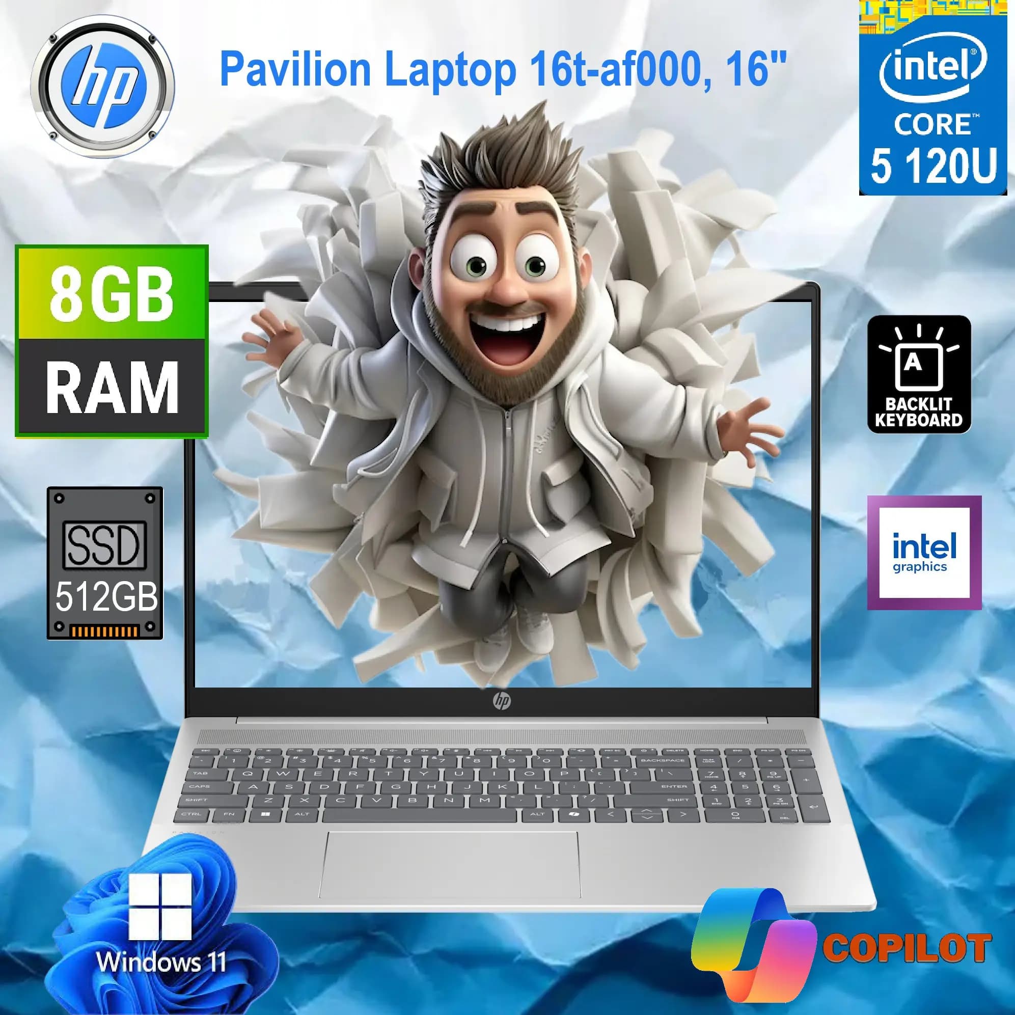 HP Pavilion Laptop 16t-af000 Intel Core 5 120U | 8GB DDR5 RAM ; 512 NVMe SSD | Intel Graphics | 16 inch WUXGA IPS Display