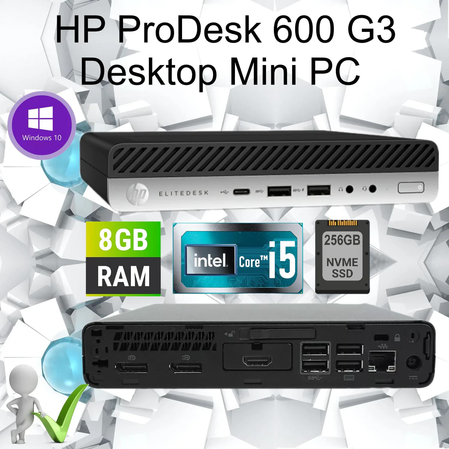 HP ProDesk 600 G3 Desktop Mini PC: Intel Core i5-7500T | 8GB DDR4 RAM; 256 NVMe SSD | UHD 630 Integrated Graphics | Windows 10