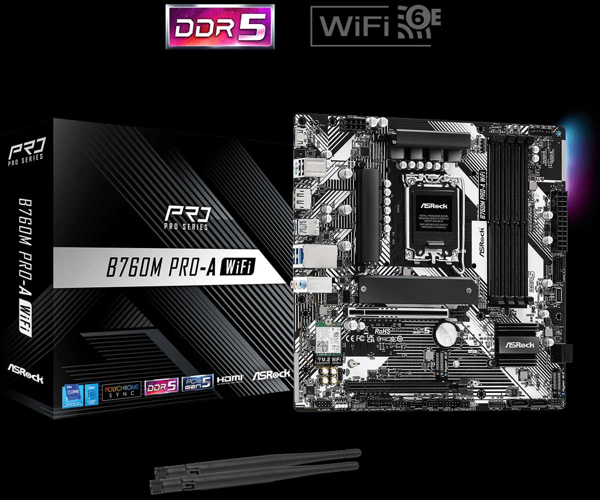 ASRock B760M Pro-A WiFi mATX Motherboard, LGA1700, DDR5 7200+ OC, PCIe 5.0, HDMI/DP, Wi-Fi 6E, Bluetooth, USB-C, 2.5G LAN,...