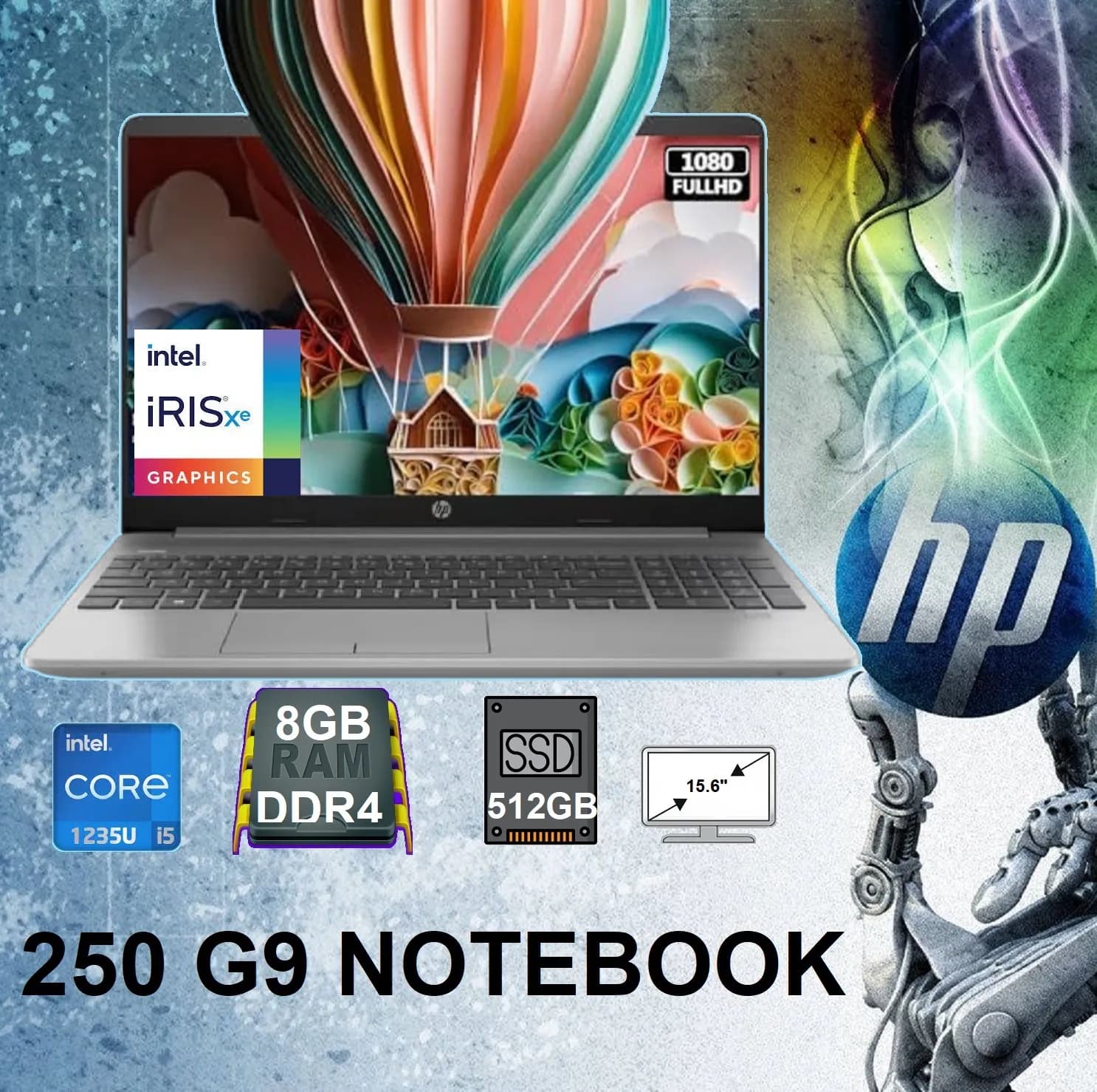 HP 250 G9 Intel Core i5-1235U | 8 GB DDR4 RAM; 512GB SSD | Intel Iris Xᵉ Graphics | 15.6 inch FHD | DOS