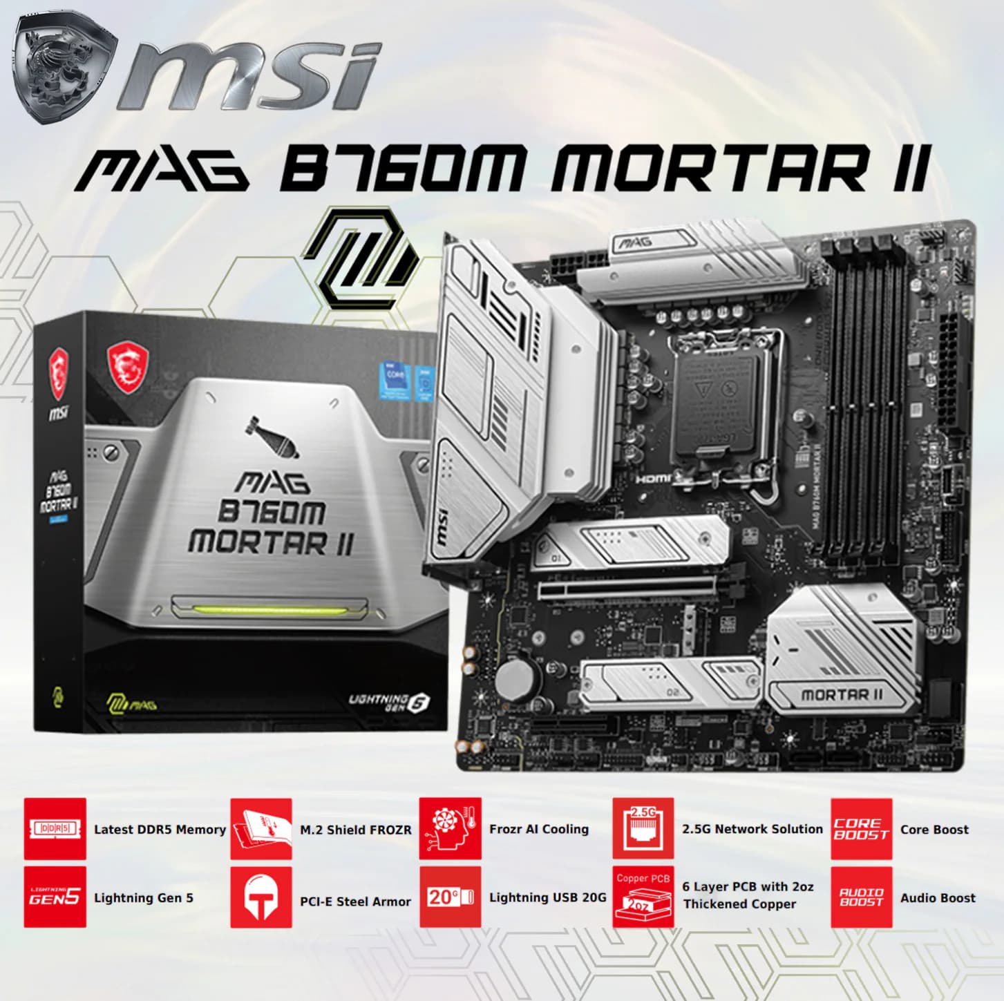 MSI MAG B760M MORTAR II mATX DDR5 Motherboard Intel LGA 1700, 4x Memory Modules DDR5-7800+ MHz up to 256GB Maximum Capacity ,...