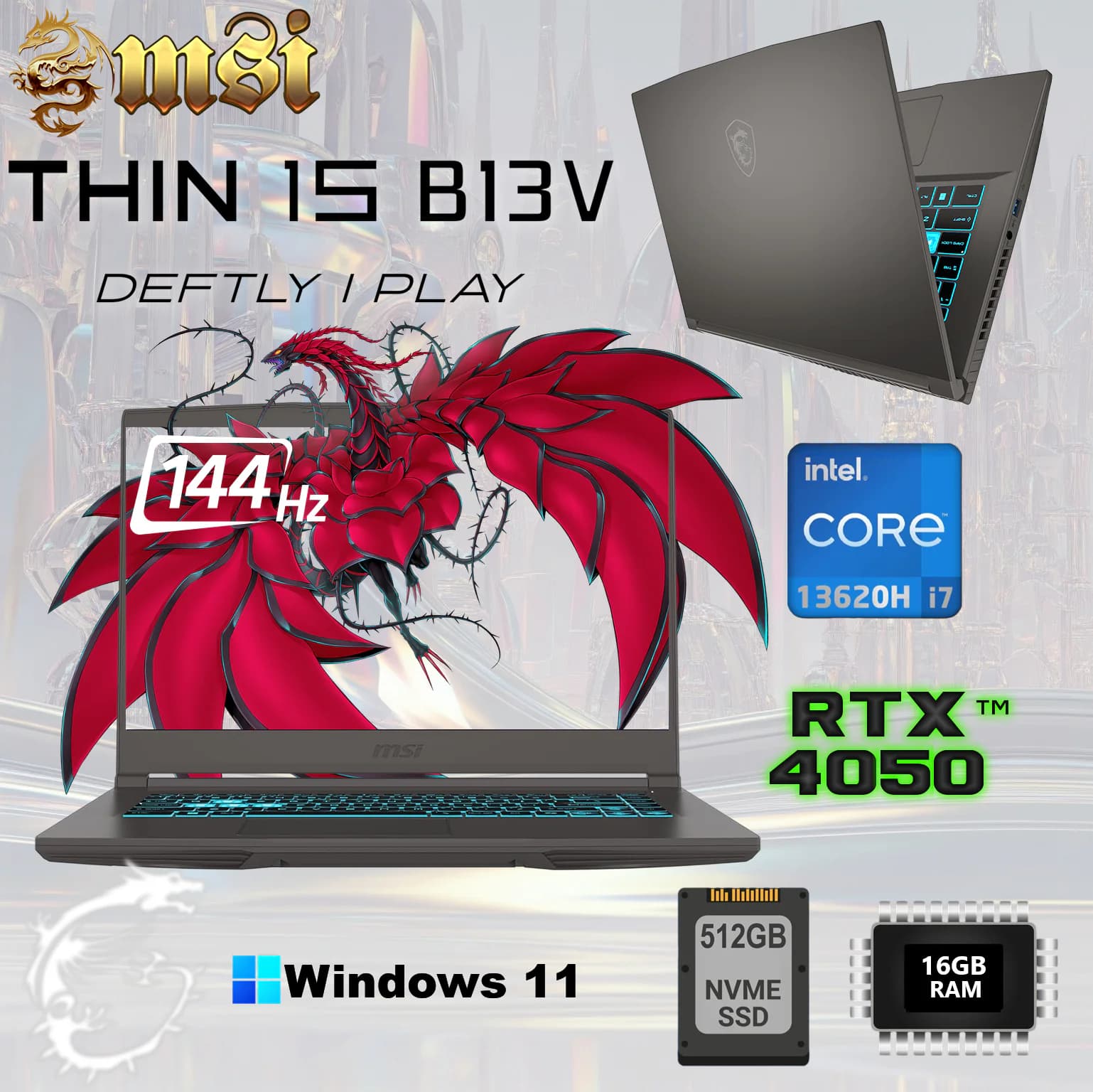 MSI THIN 15 B13VE Intel Core i7-13620 | 16GB DDR4 ; 512GB SSD | RTX 4050 6GB GDDR6 | 15.6″ IPS Display 144 Hz (AK-27925)