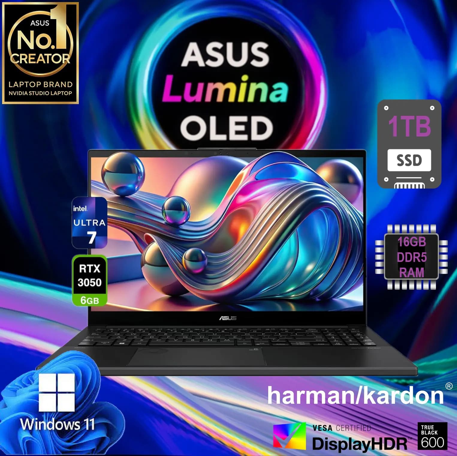 ASUS Vivobook Pro 15 OLED Intel Core Ultra 7 Processor 155H | 16Gb DDR5 RAM; 1TB NVMe SSD | RTX 3050 6GB + Intel Arc Graphics