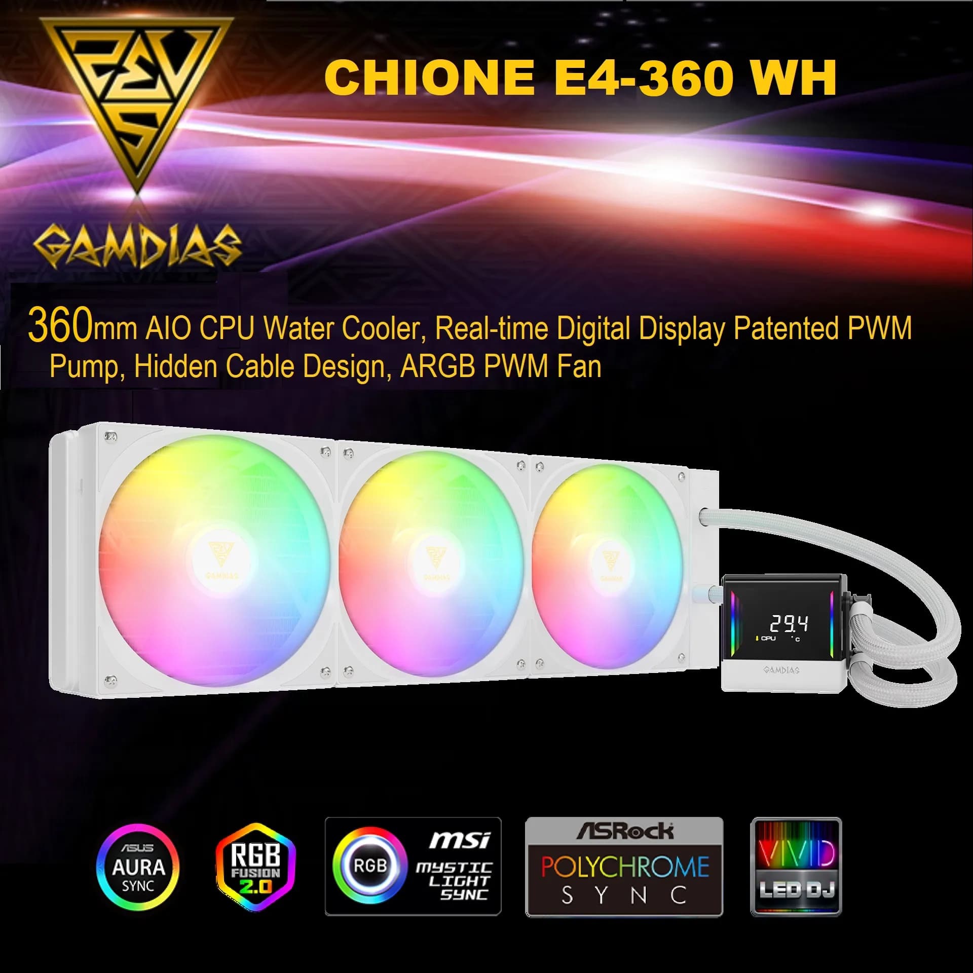 GAMDIAS CHIONE E4 360mm AIO ARGB WHITE CPU Liquid Cooler, Real-time Digital Display PWM Pump, Hidden Cable Design, 3X 120MM
