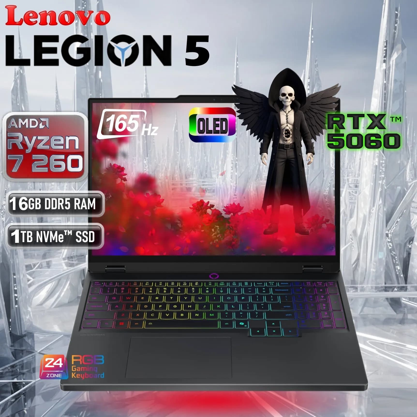 Lenovo Legion 5 15AHP10 AI-Powered: AMD Ryzen 7 260 | 16GB DDR5 RAM; 1TB NVMe SSD | RTX 5060 (8GB) | 15.1-inch WQXGA OLED 165Hz Display | 24-Zone RGB Backlit Keyboard | Windows® 11 | Eclipse Black