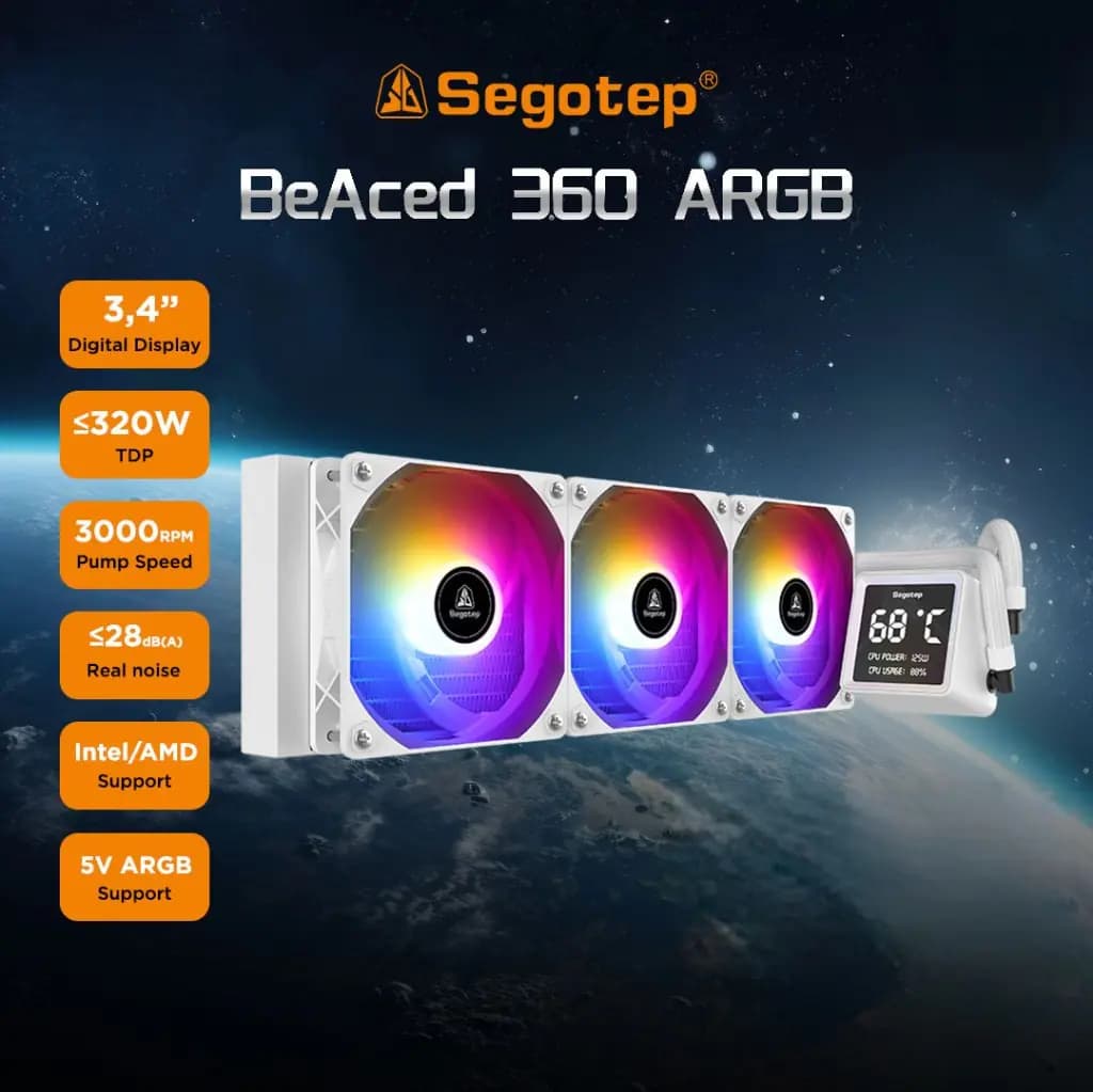 SEGOTEP BeAced 360 Liquid Cooler | 3x ARGB Fans | Digital Display | 360mm Radiator | Quiet Pump | Hydraulic Bearing | PWM Cooling