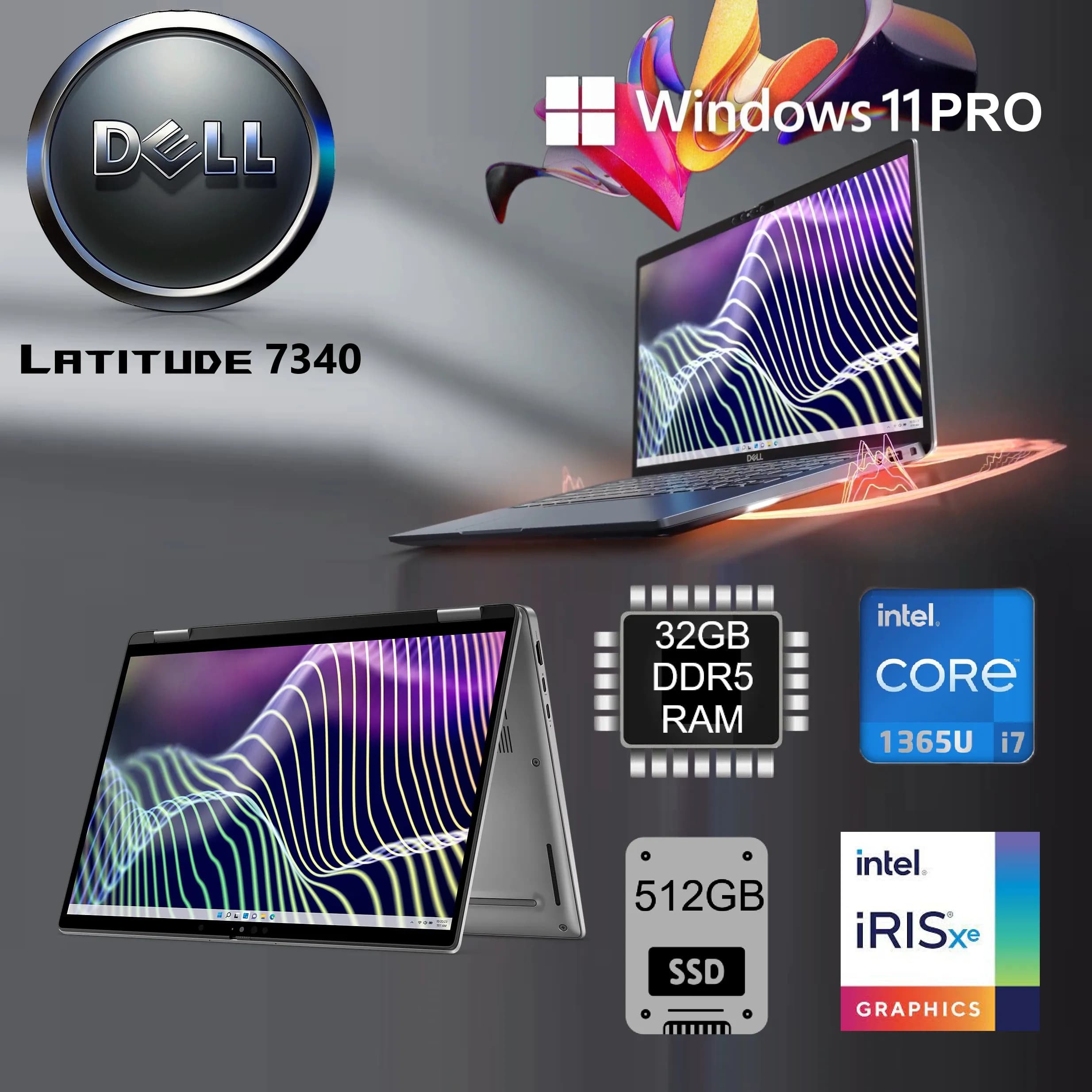Dell Latitude 7340 AI-Powered 2-in-1 | Intel Core Evo i7-1365U 1.8GHz | 32GB DDR5 RAM; 512GB PCIe NVMe SSD