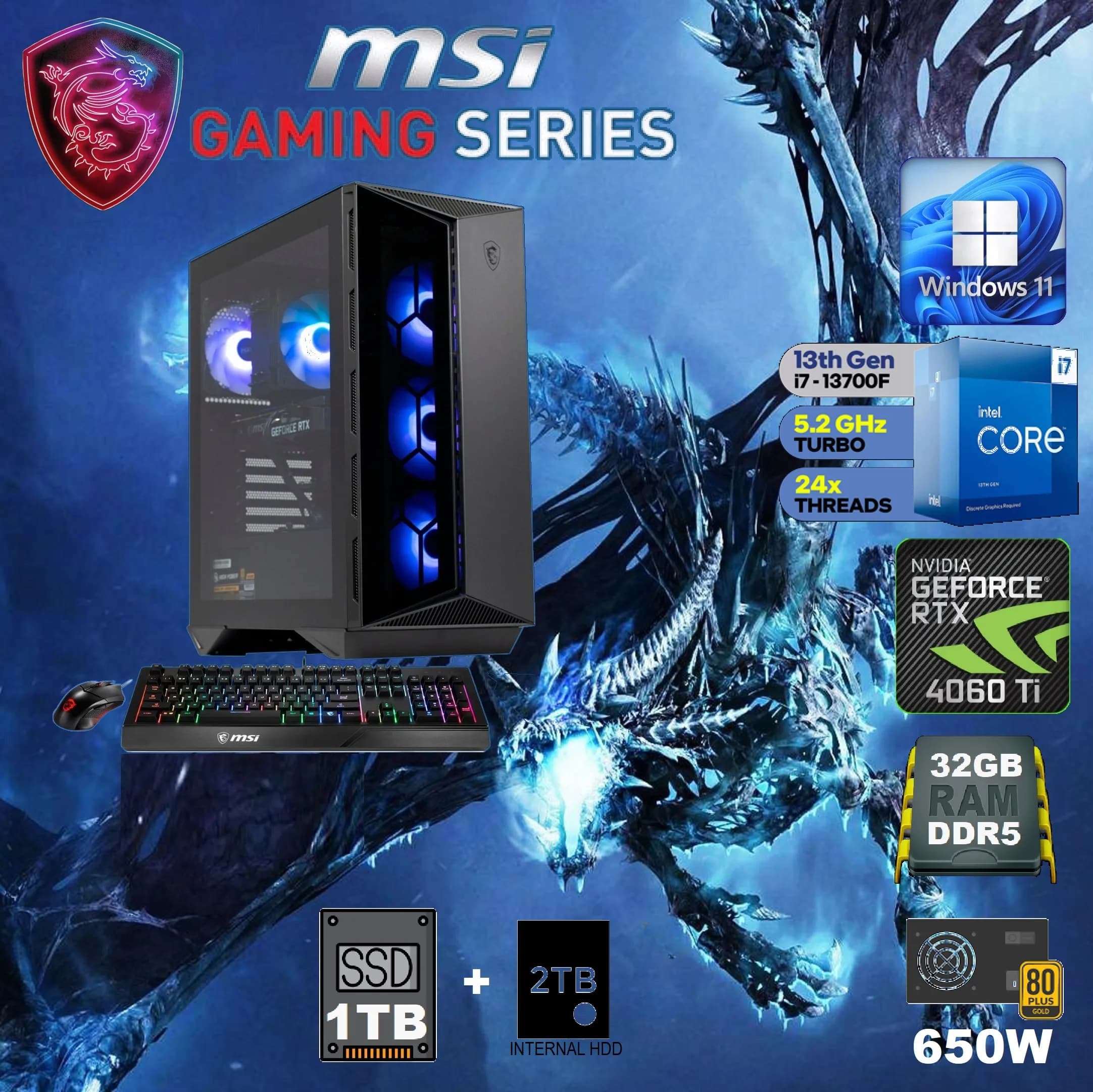 MSI AEGIS R 13NUD Gaming Desktop Intel Core i7-13700F | 32GB DDR5 RAM , 1TB SSD + 2TB Internal HDD | RTX 4060 Ti 16GB