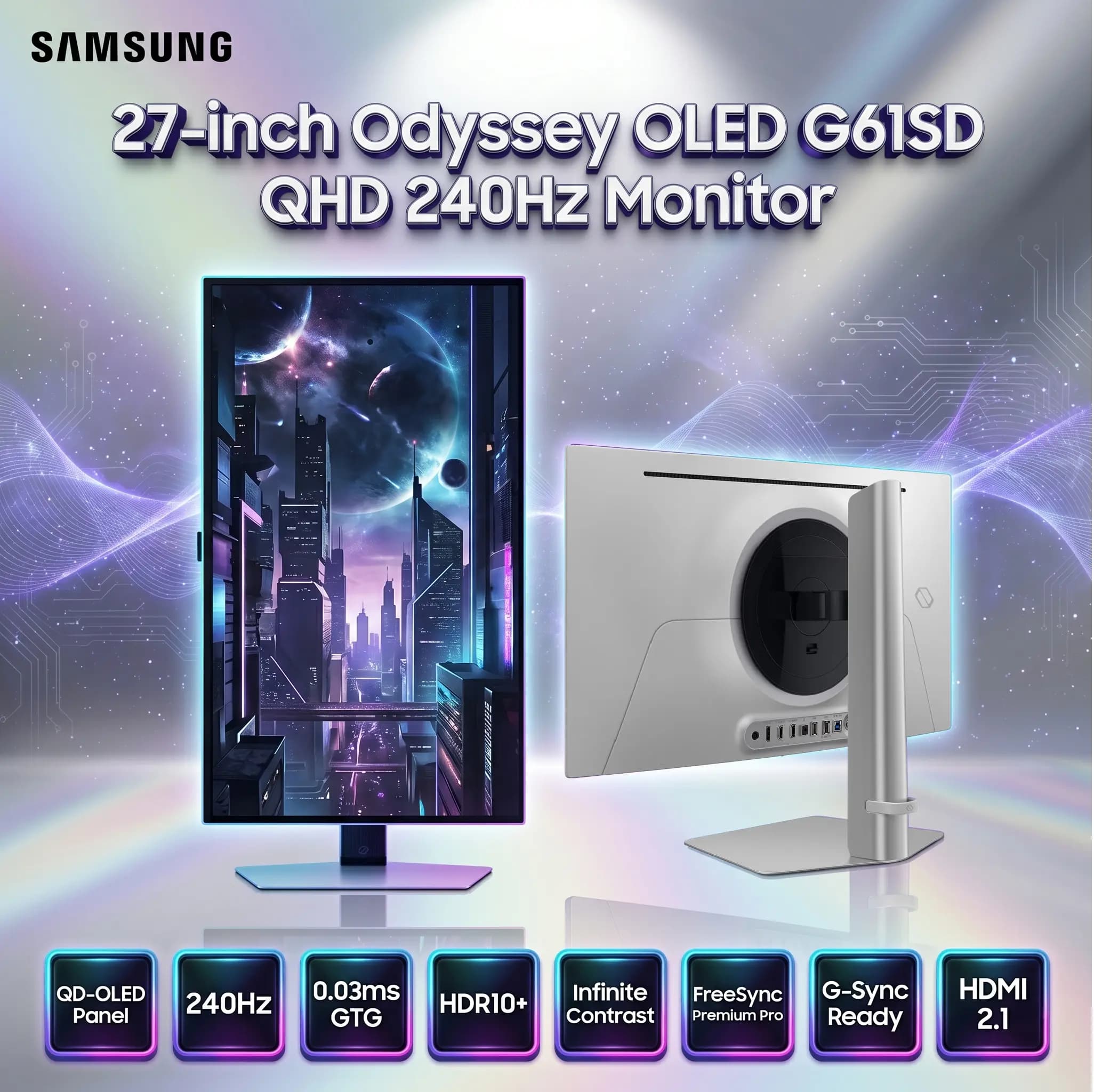 SAMSUNG Odyssey OLED G6 27-inch QHD Gaming Monitor, 240Hz / 0.03ms, QD-OLED, HDR10+, FreeSync Premium Pro