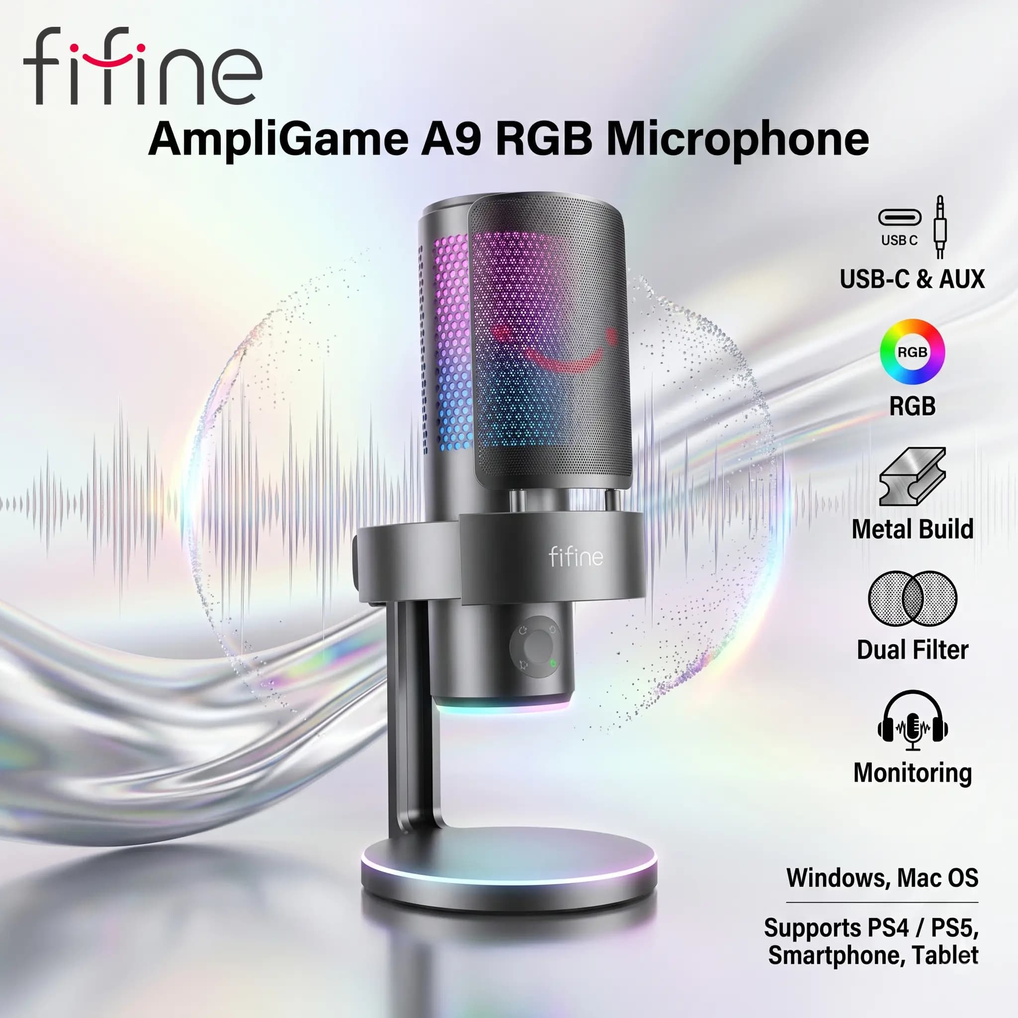 FIFINE AmpliGame A9 RGB Gaming / Streaming Microphone, USB-C & AUX Condenser With Shock Mount Pop Filter, Headphone...