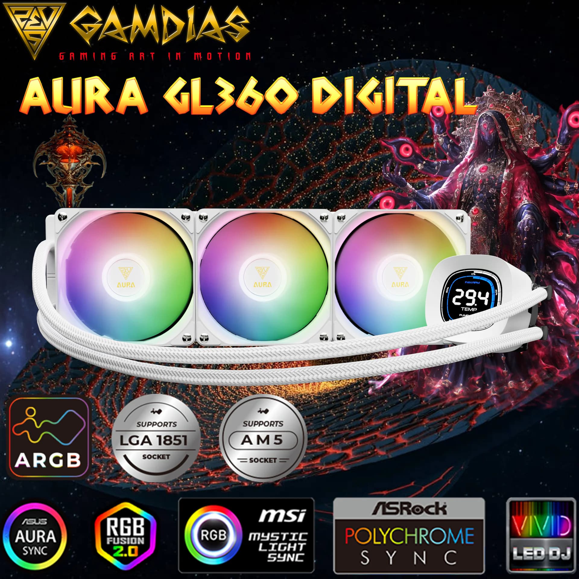 GAMDIAS AURA GL360 Digital WH Liquid Cooler With 2.1” Real-Time Display, ARGB PWM Fans, Copper Base, 73.7 CFM Airflow, 396mm