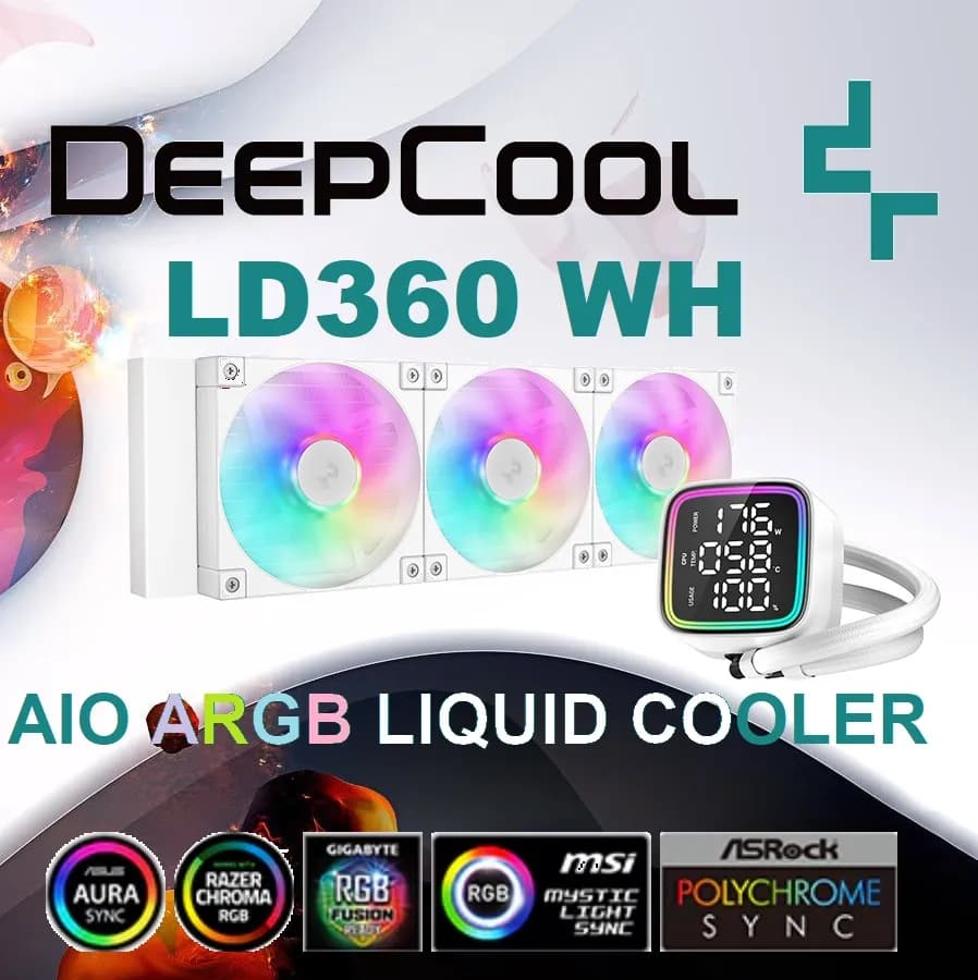 DeepCool LD360 WH ARGB AIO WHITE LIQUID COOLER: Large Display with ARGB Halos for CPU Status, 3x ARGB PWM Fans, 5th