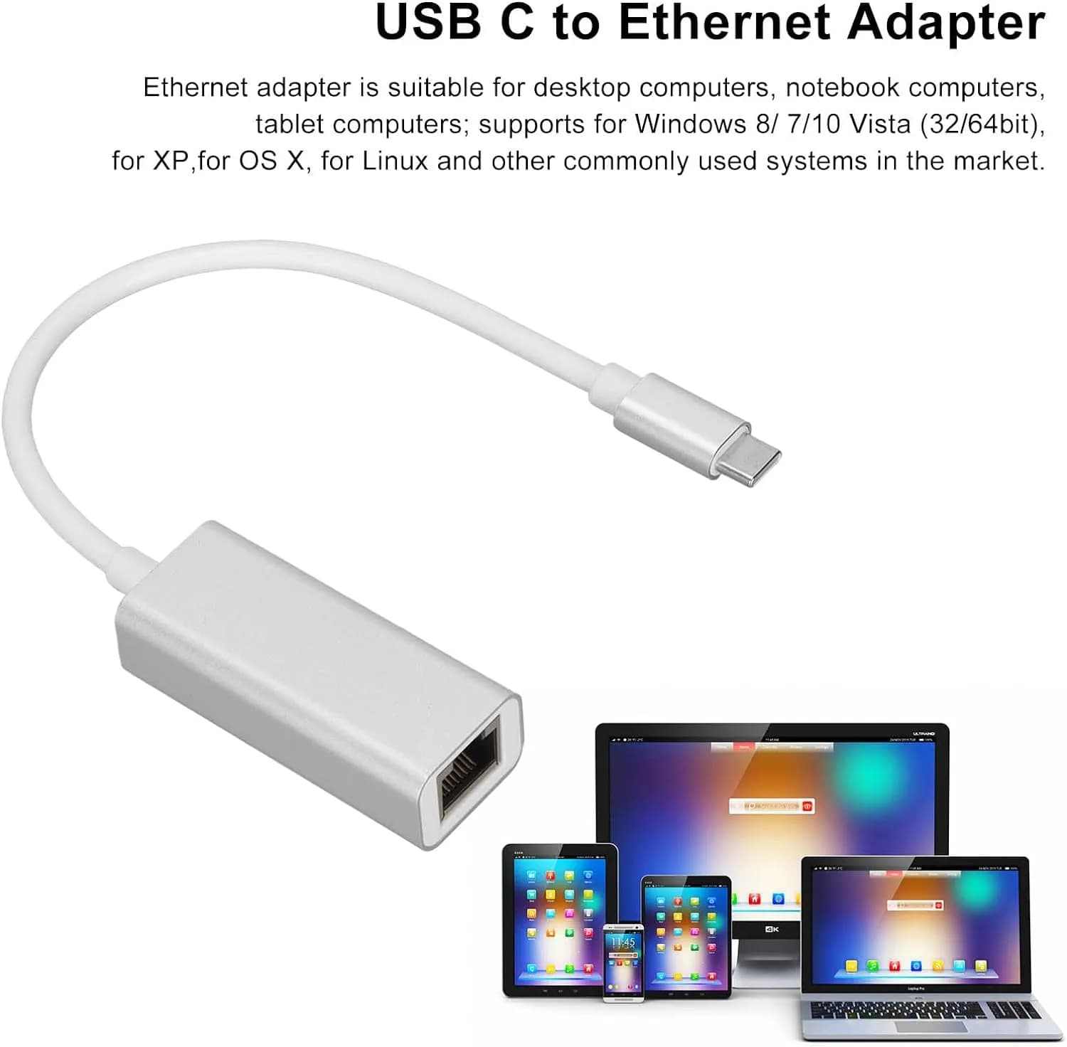 USB C to Ethernet Adapter, Up to 1Gbps USB C to RJ45 Gigabit Network Adapter Supports for Windows 8/7/10 Vista (32/64bit), XP